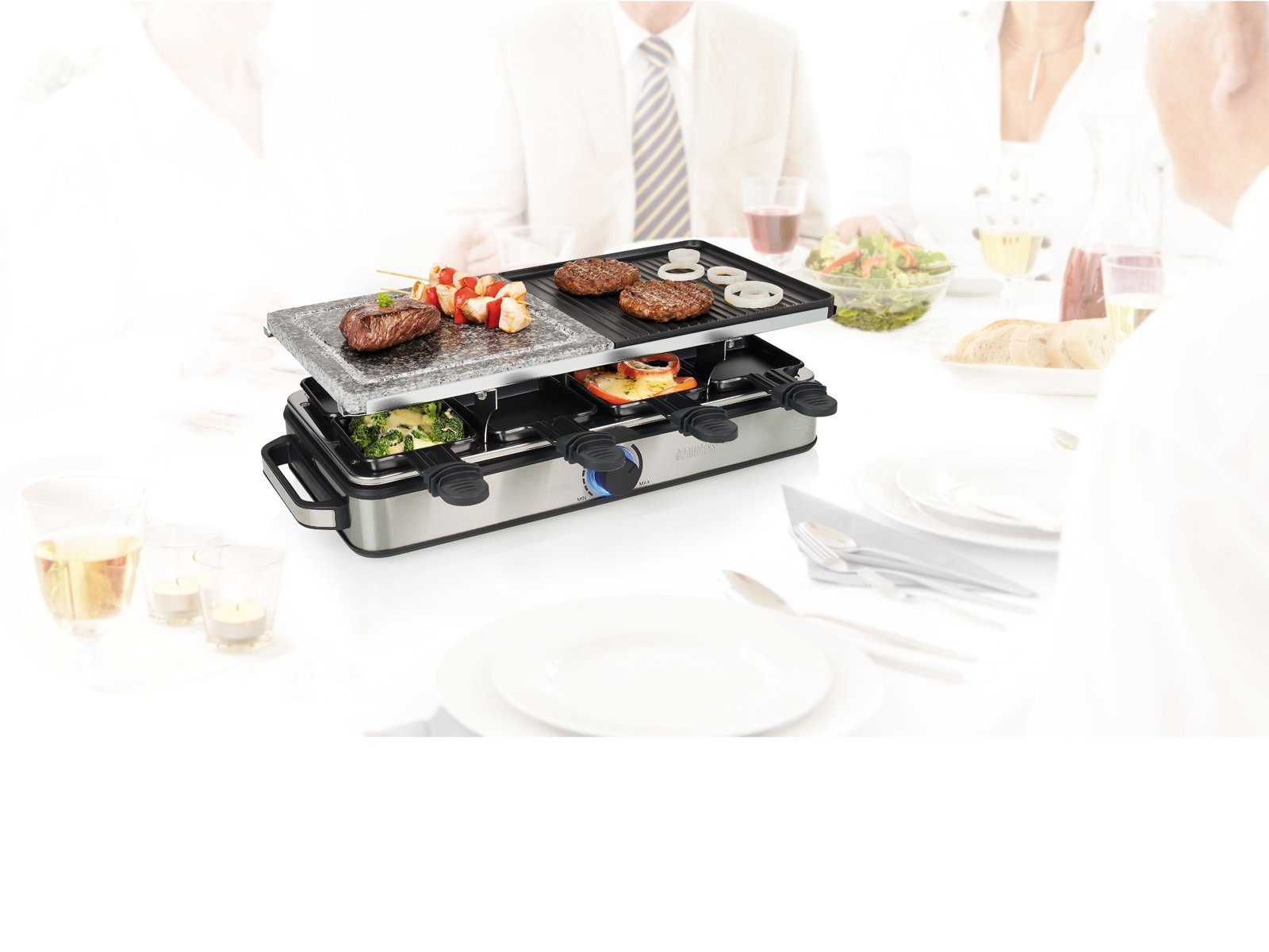 PRINCESS Raclette, 8 Raclettepfännchen, 5in1 Gerät für 2-8 Personen Tischgrill Grill- & Steinplatte Steingrill