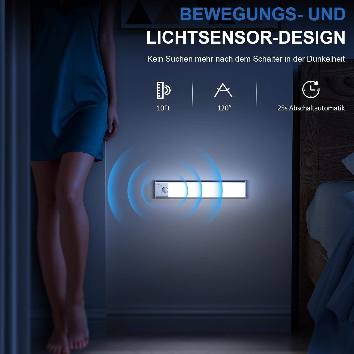 Athlix LED Unterbauleuchte LED Unterbauleuchte LED Unterbauleuchte kabellos, wiederaufladbar, LED fest integriert, USB wiederaufladbar, 3 Farbtemperaturen, Nachterkennung
