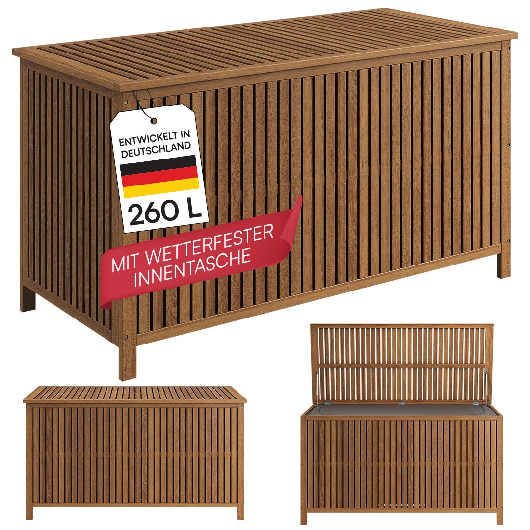 STEELSØN Auflagenbox Alkes Gartenbox aus Akazienholz mit klappbarem Deckel (geölt), wetterfeste Kissenbox, hochwertige Innentasche, Sitztruhe für Garten