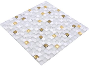 Mosani Mosaikfliesen Glasmosaik Naturstein Mosaik weiß mit gold glänzend / 10 Mosaikmatten