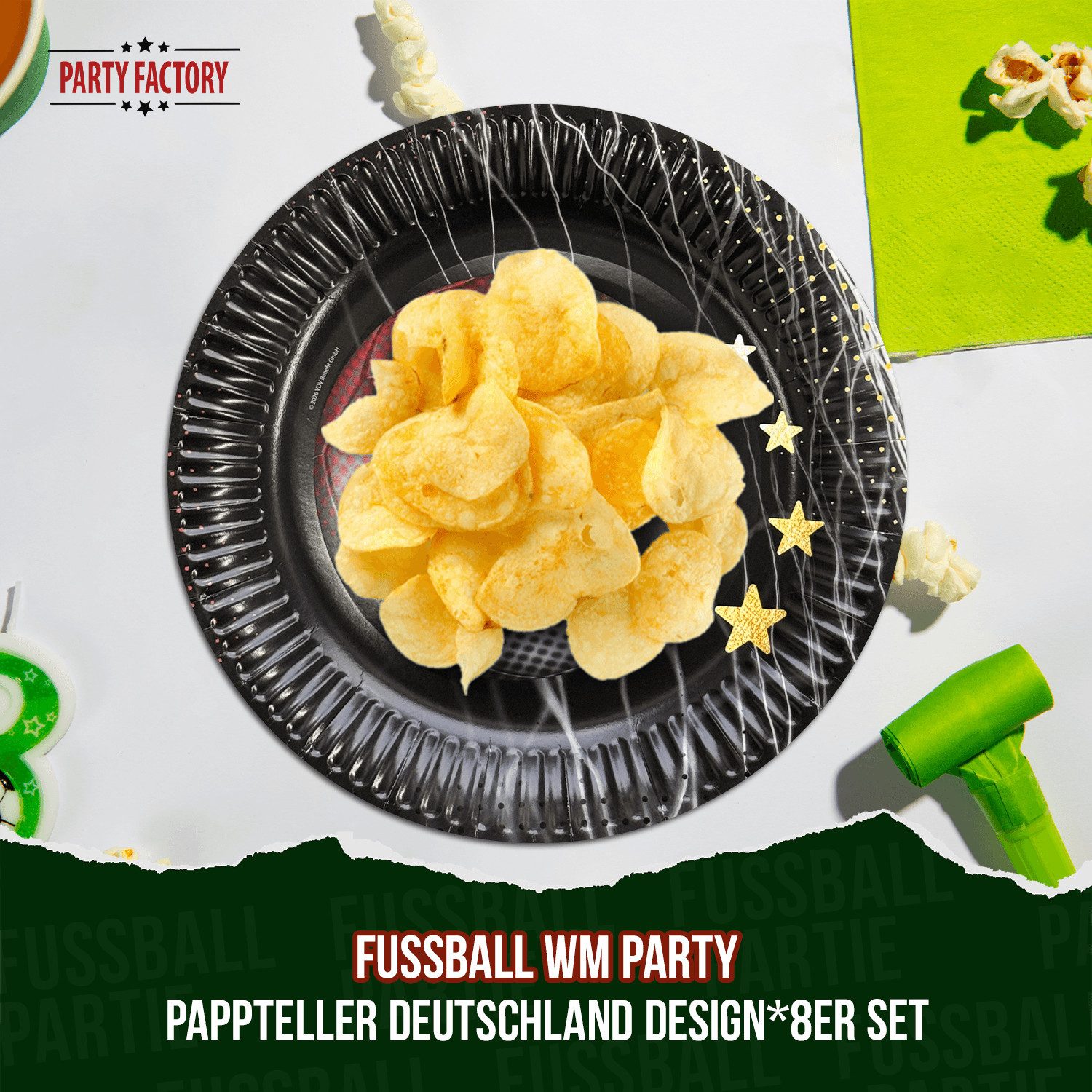 Party Factory Dekoteller Fußball WM Set Deutschland 37-tlg -Teller Becher Serviette Wimpelkette