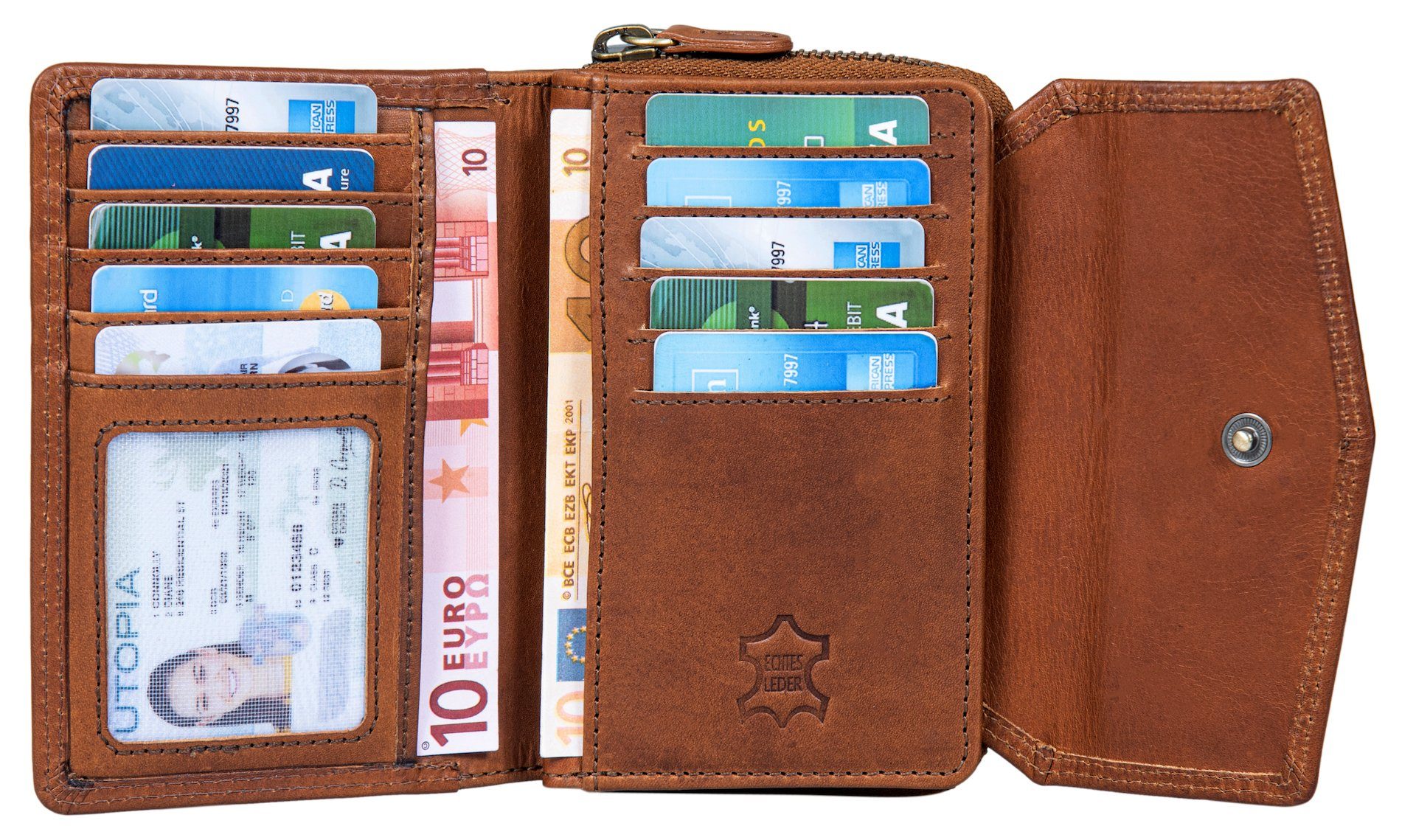Benthill Geldbörse Damen Portemonnaie Kartenfächer Echt Leder RFID-Schutz Vintage Braun Reißverschlussfach Münzfach Kreditkartenetui, Portmonee