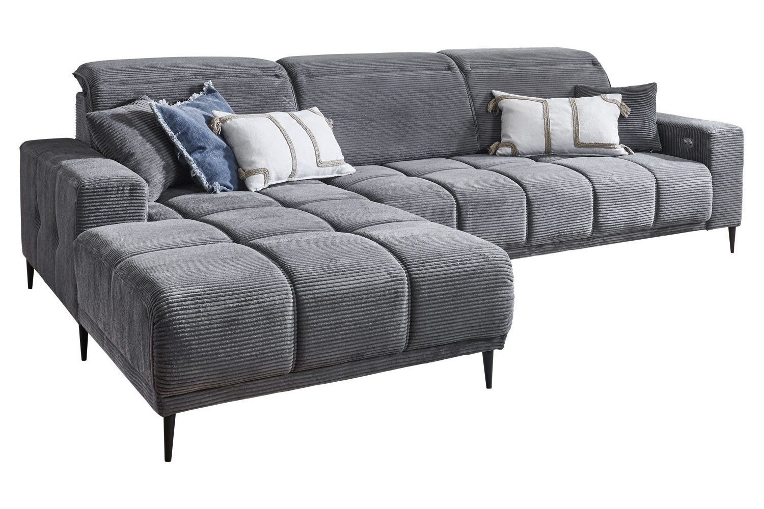 Iwaniccy Ecksofa LIVORNO, B 286 x T 195 cm, Dunkelgrau, Cord, elektrische Sitztiefenverstellung, Kopfteilverstellungen