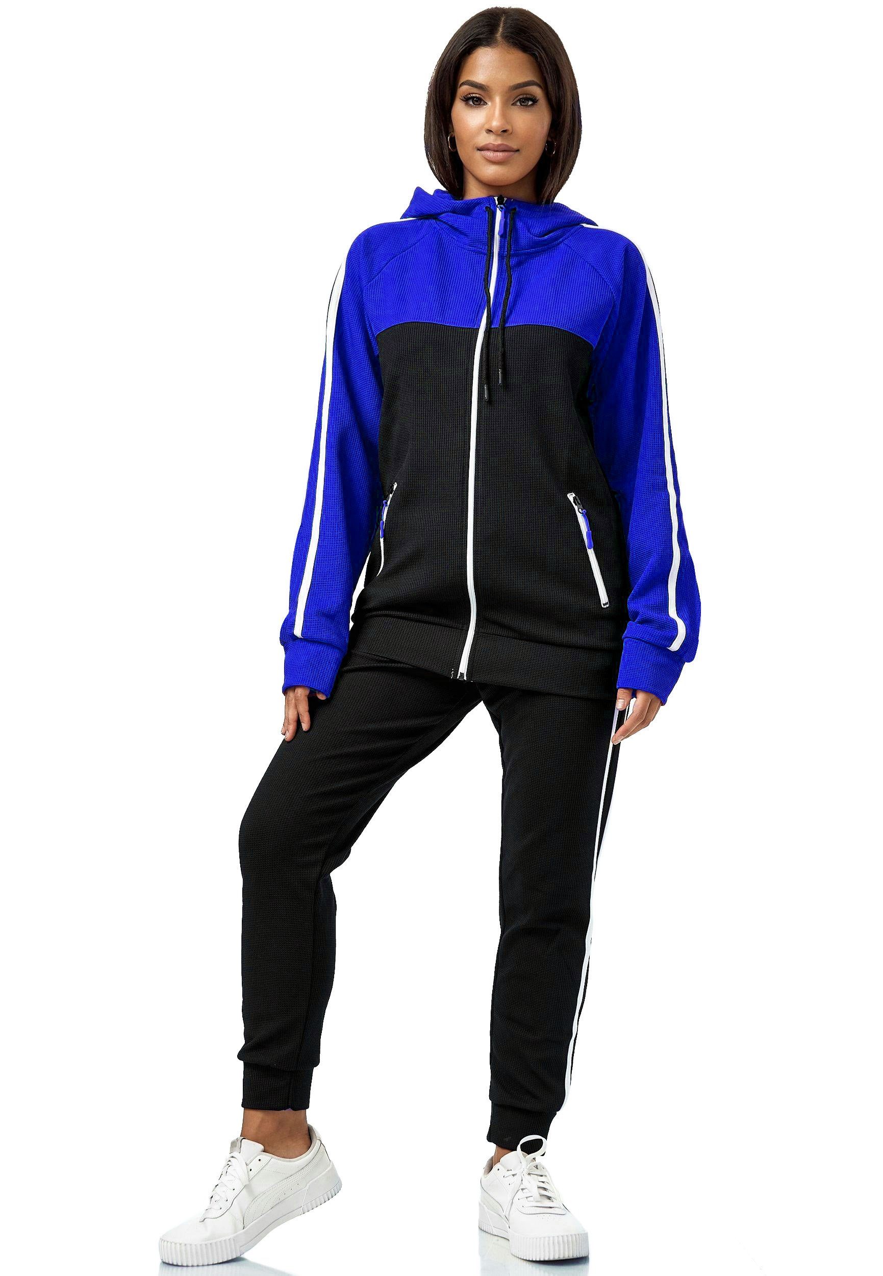 L.gonline Freizeitanzug Damen Jogginganzug Freizeitanzug Sportlich 3750 (Kapuzenjacke mit Reißverschluss, Hose, 2-tlg), mit Streifen – Bild 2 von 3