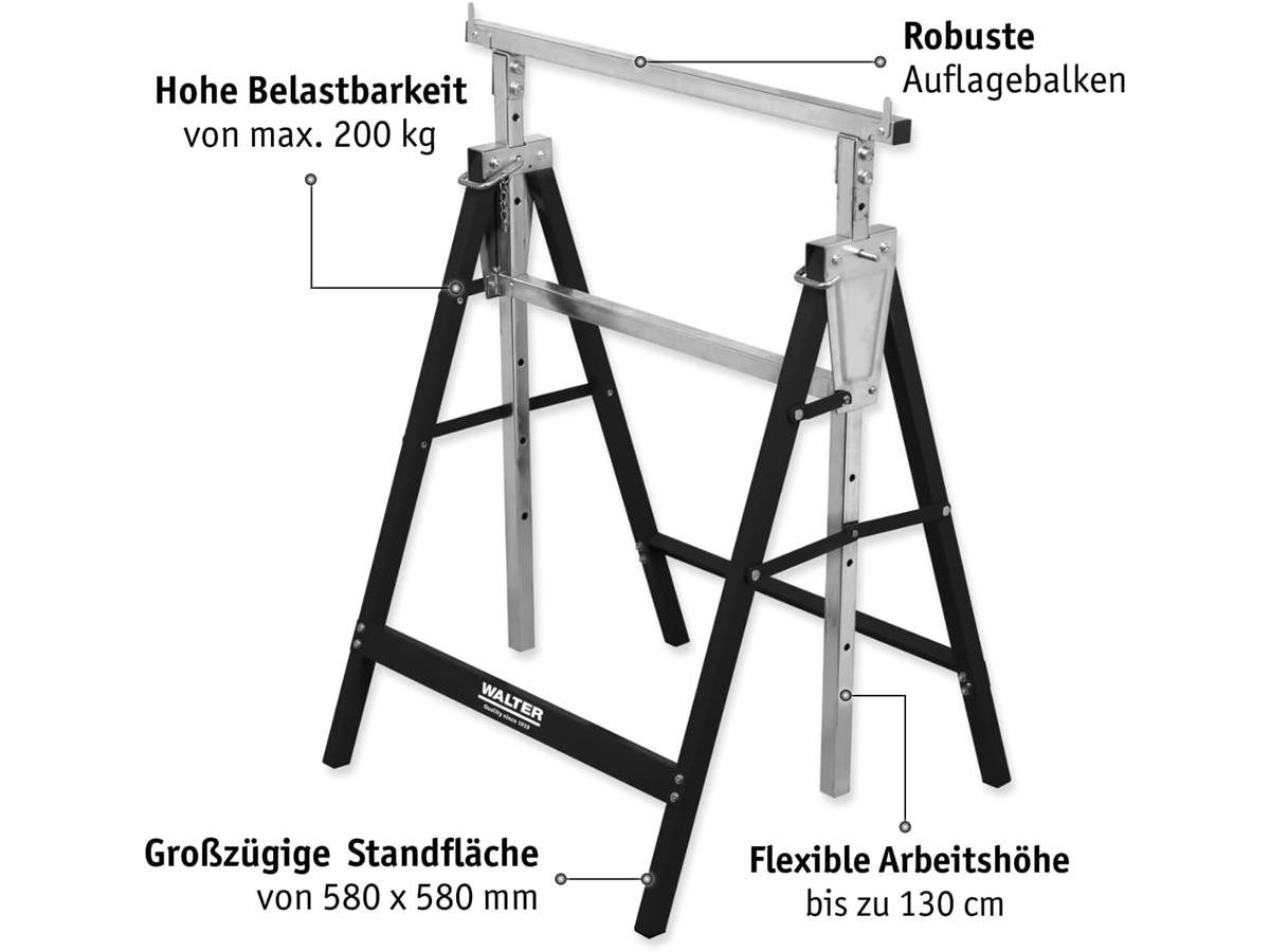 WALTER Unterstellbock höhenverstellbar, 200 kg max. Belastbarkeit, Stabiler Auflagebalken, Rutschfeste Standfläche