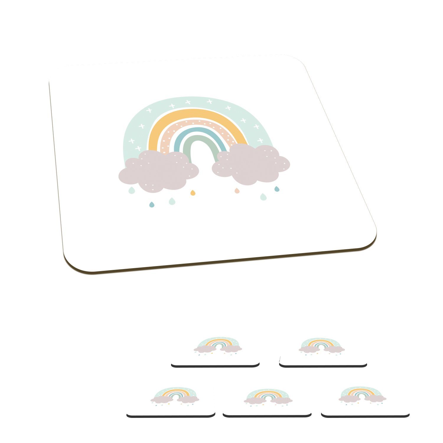 MuchoWow Glasuntersetzer Regenbogen - Wolken - Regen - Kinder - Pastell, Zubehör für Gläser, 6-tlg., Glasuntersetzer, Tischuntersetzer, Korkuntersetzer, Untersetzer, Tasse