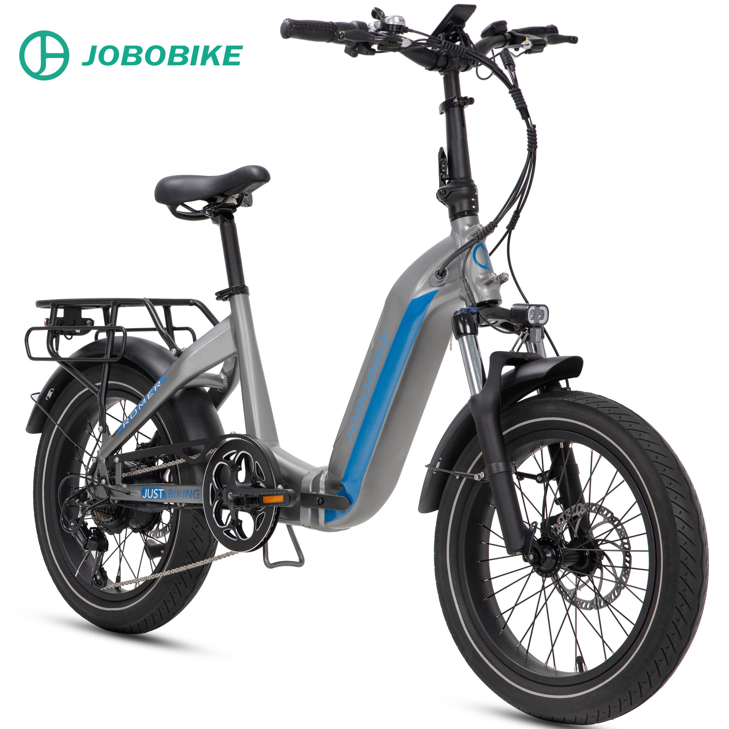 JOBOBIKE E-Bike Klapprad 20 x 3,0 Zoll, 80 Nm, Romer 60-150km, E-bike klappbar, E-Cityrad, 7 Gang Shimano, Heckmotor, 720 Wh, (LED-Display, Federgabel, bis zu 120kg, Faltrad), 5 Stufen, 3'' Breitreifen, Aluminiumrahmen, Tiefeinsteiger-Rahmen