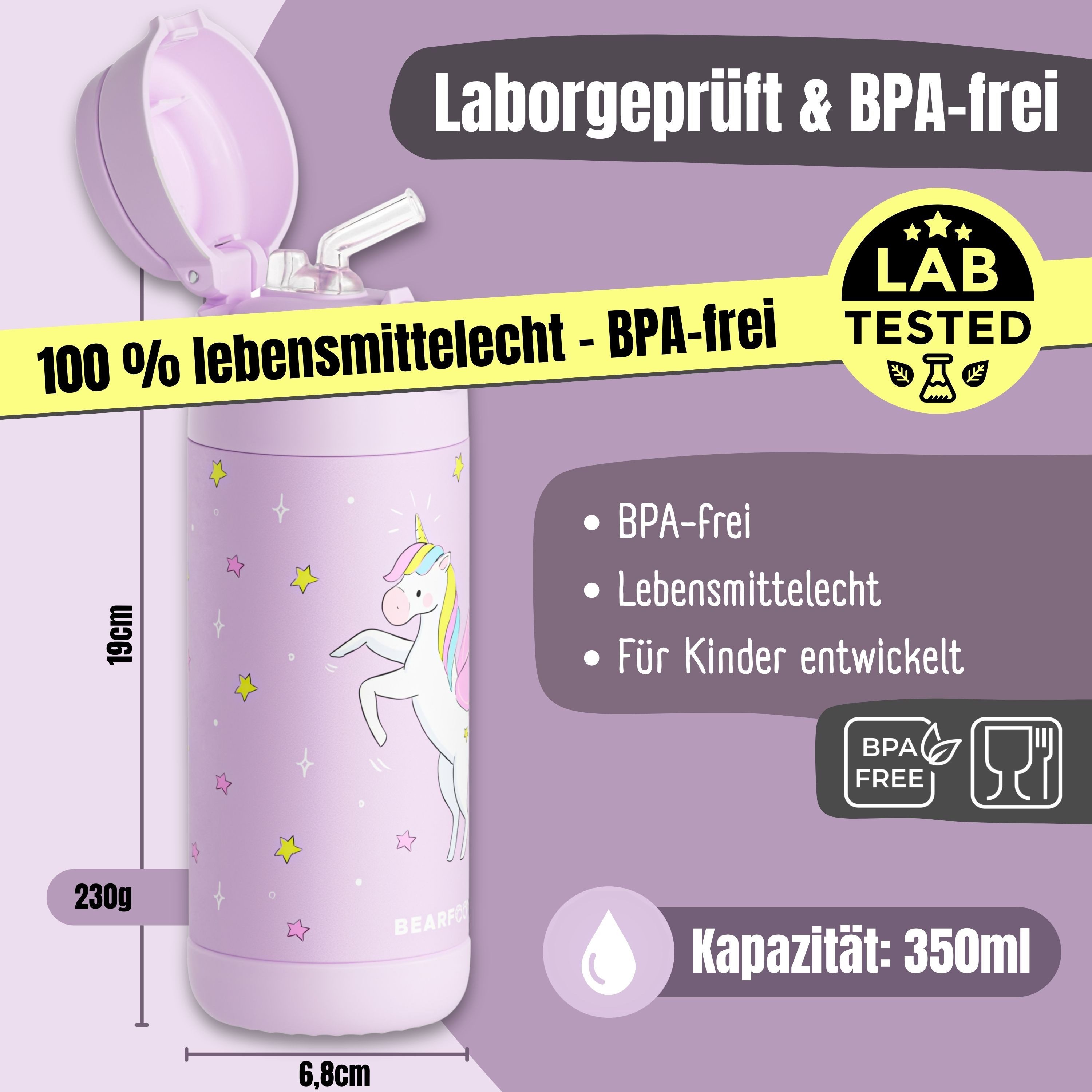 BEARFOOT Trinkflasche Thermo Kinder Trinkflasche Edelstahl - Einhorn lila, Thermosflasche, auslaufsicher, Edelstahl, Kinderflasche, BPA-frei – Bild 5 von 5