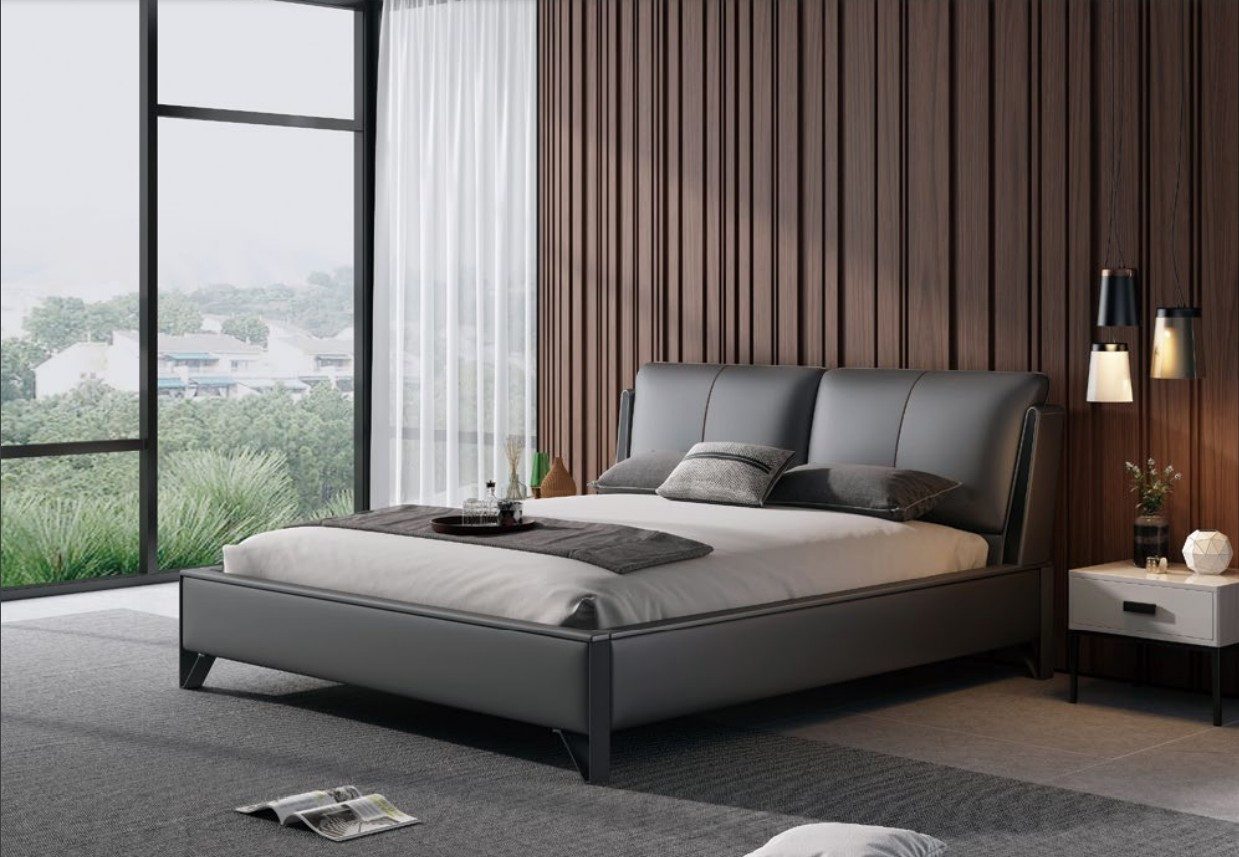 JVmoebel Bett Schwarzes Leder Doppelbett mit stabiler Holz-Edelstahl-Konstruktion (1-tlg), Made in Europa