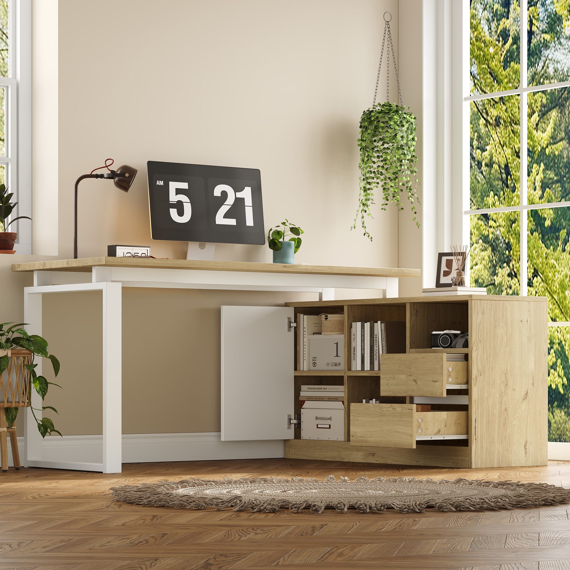 Merax Eckschreibtisch L-förmiger Schreibtisch mit Stauraum, Eckschreibtisch (1-St., mit 2 Schubladen, offenen Ebene und Tür), Computertisch, Bürotisch für Home Office