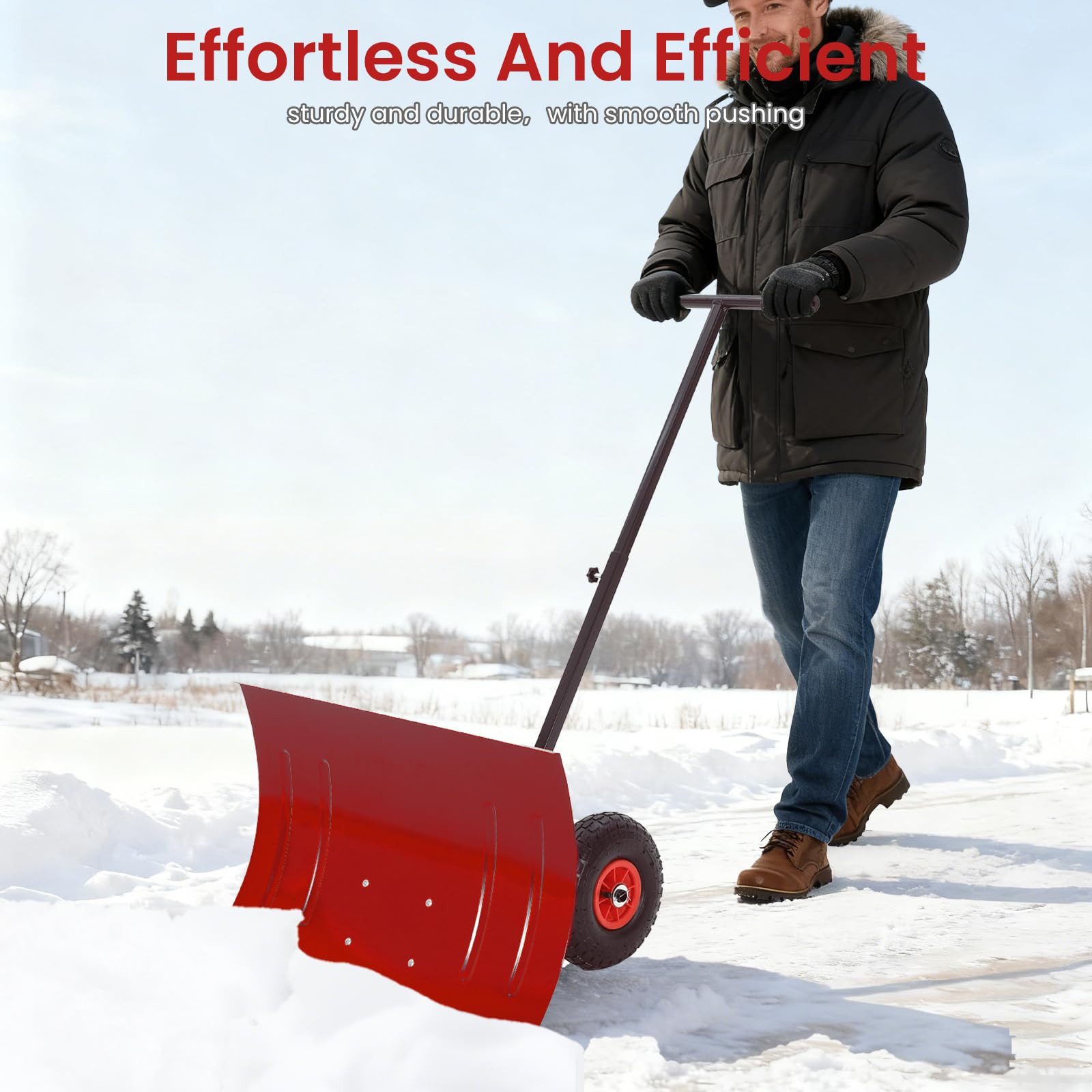 GarveeMore Schneeschieber Schneeschaufel mit Rädern Höhenverstellbarer gepolsterter Griff