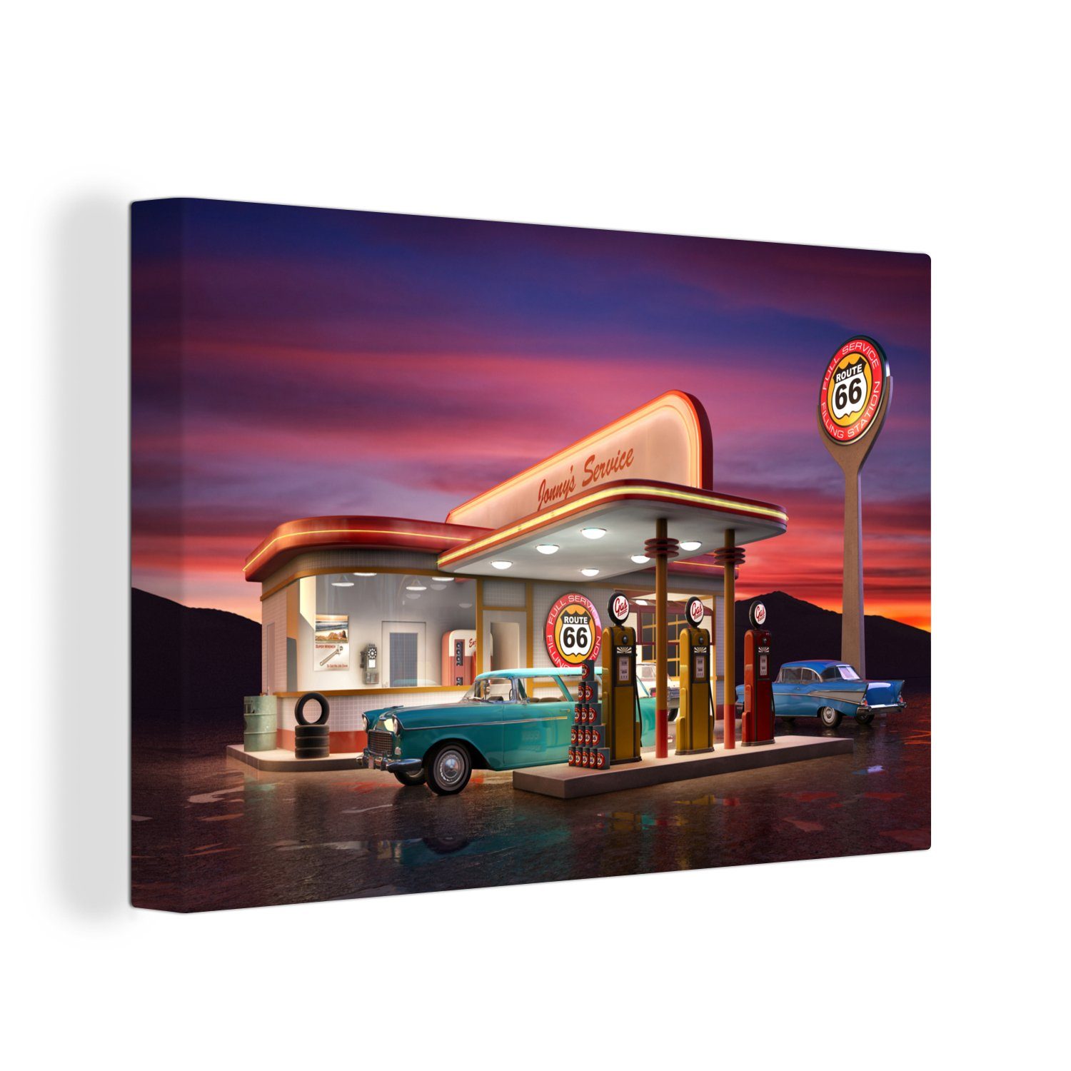 OneMillionCanvasses® Leinwandbild Tankstelle - Auto - Oldtimer, (1 St), Wandbild Leinwandbilder, Aufhängefertig, Wanddeko, 30x20 cm