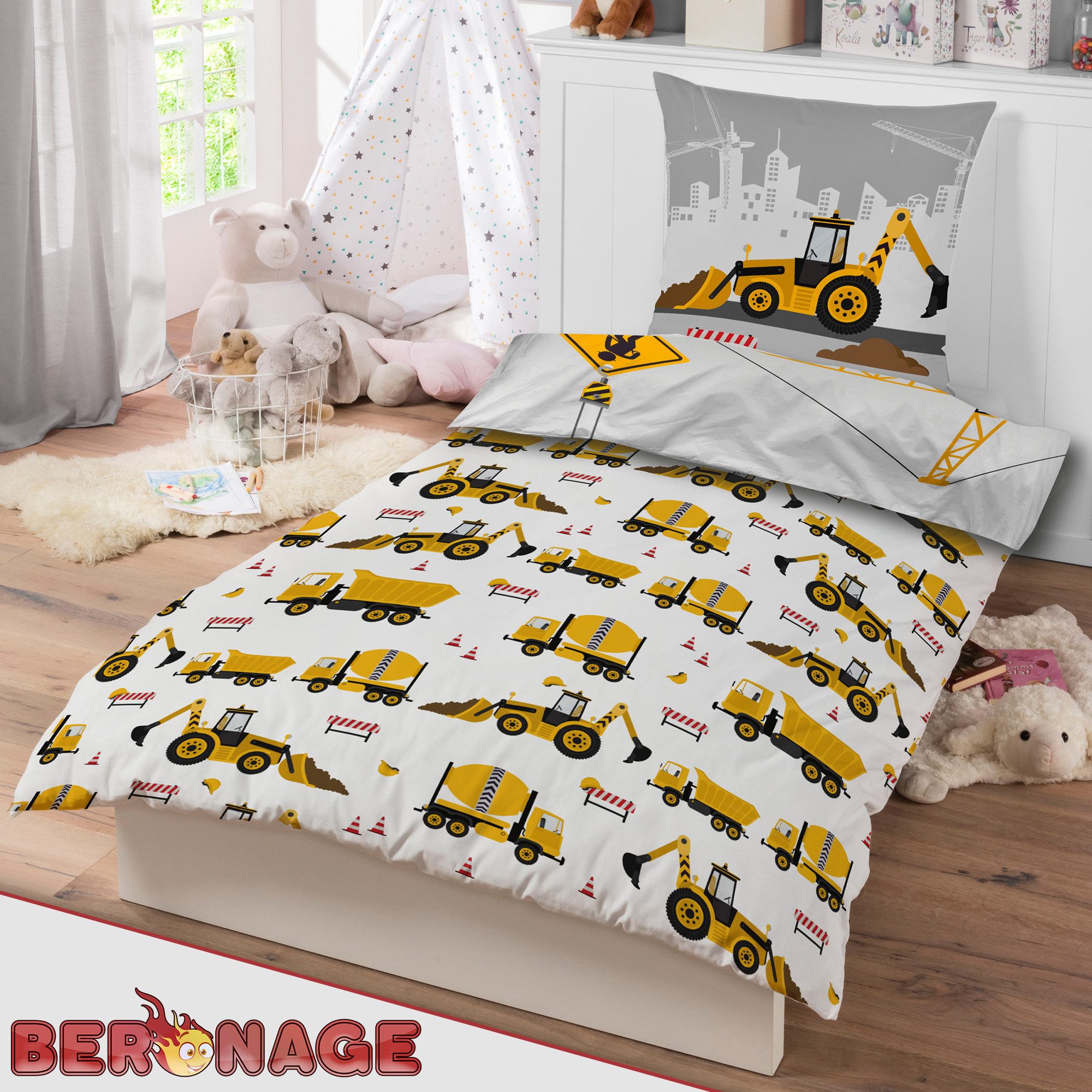 BERONAGE Kinderbettwäsche Bagger Bettwäsche Linon / Renforcé, 100% Baumwolle, 2 teilig, 135x200 + 80x80 cm – Bild 5 von 5