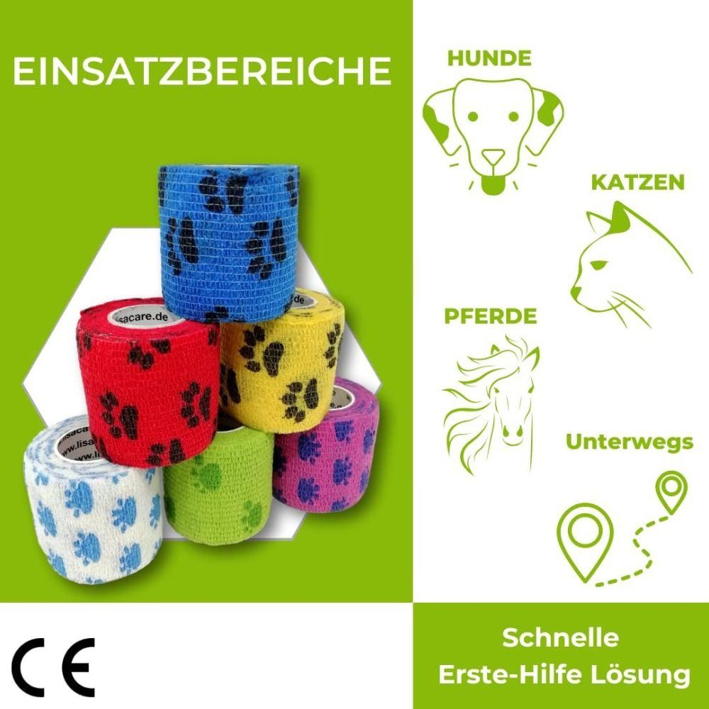 LisaCare Wundpflaster Selbstklebender Pflasterverband - Kohäsive Tierbandage (Pfoten-Set, 3 St., 1 x Pfote Blau, Gelb & Rot / 5cm x 4,5m), Perfekt für unterwegs!