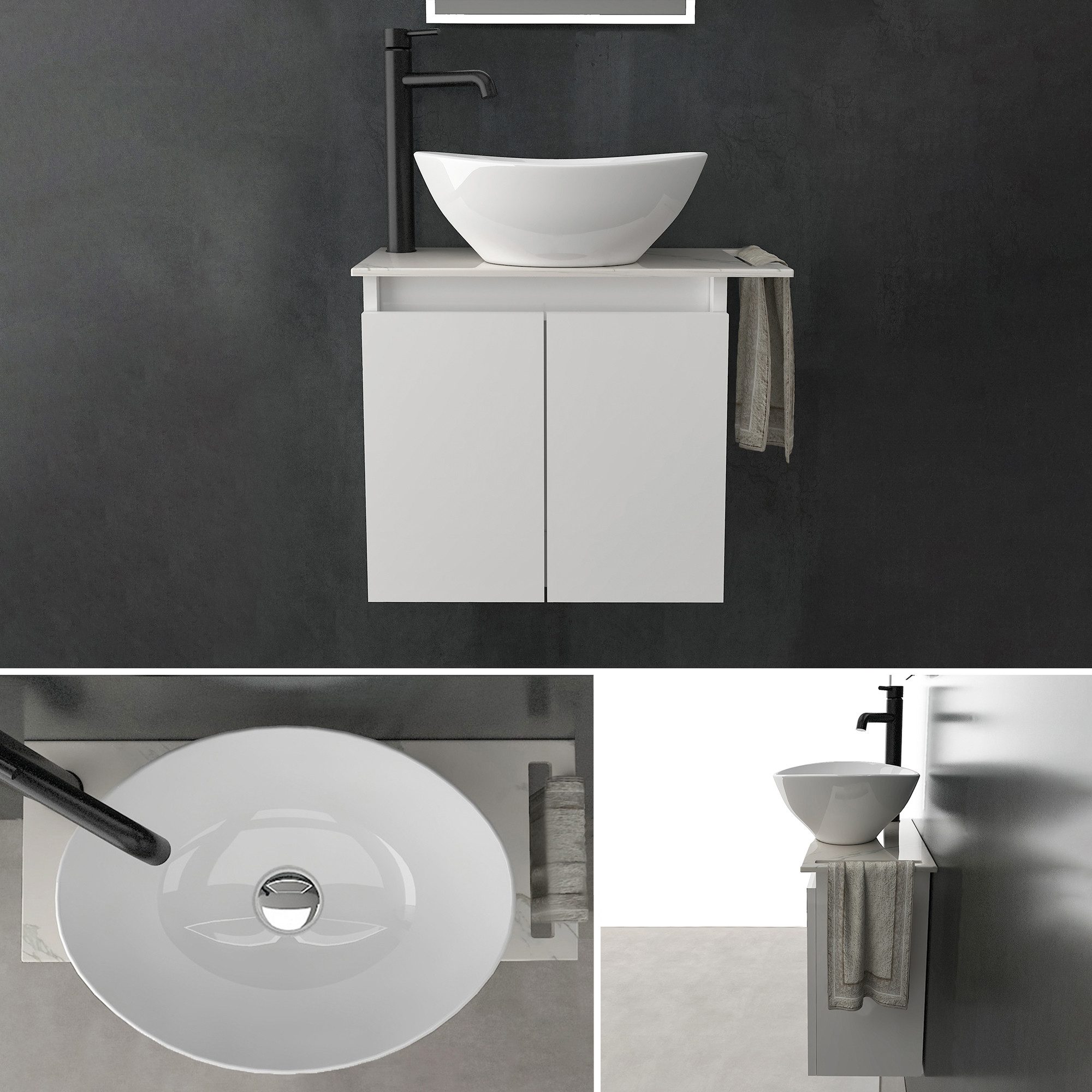Alpenberger Waschtisch Alpenberger Aufsatzwaschbecken mit Unterschrank hängend (Waschbecken mit Unterschrank für Bad & Gäste-WC, mit Keramik Waschtischplatte), MDF/MFC Waschbeckenunterschrank Weiss