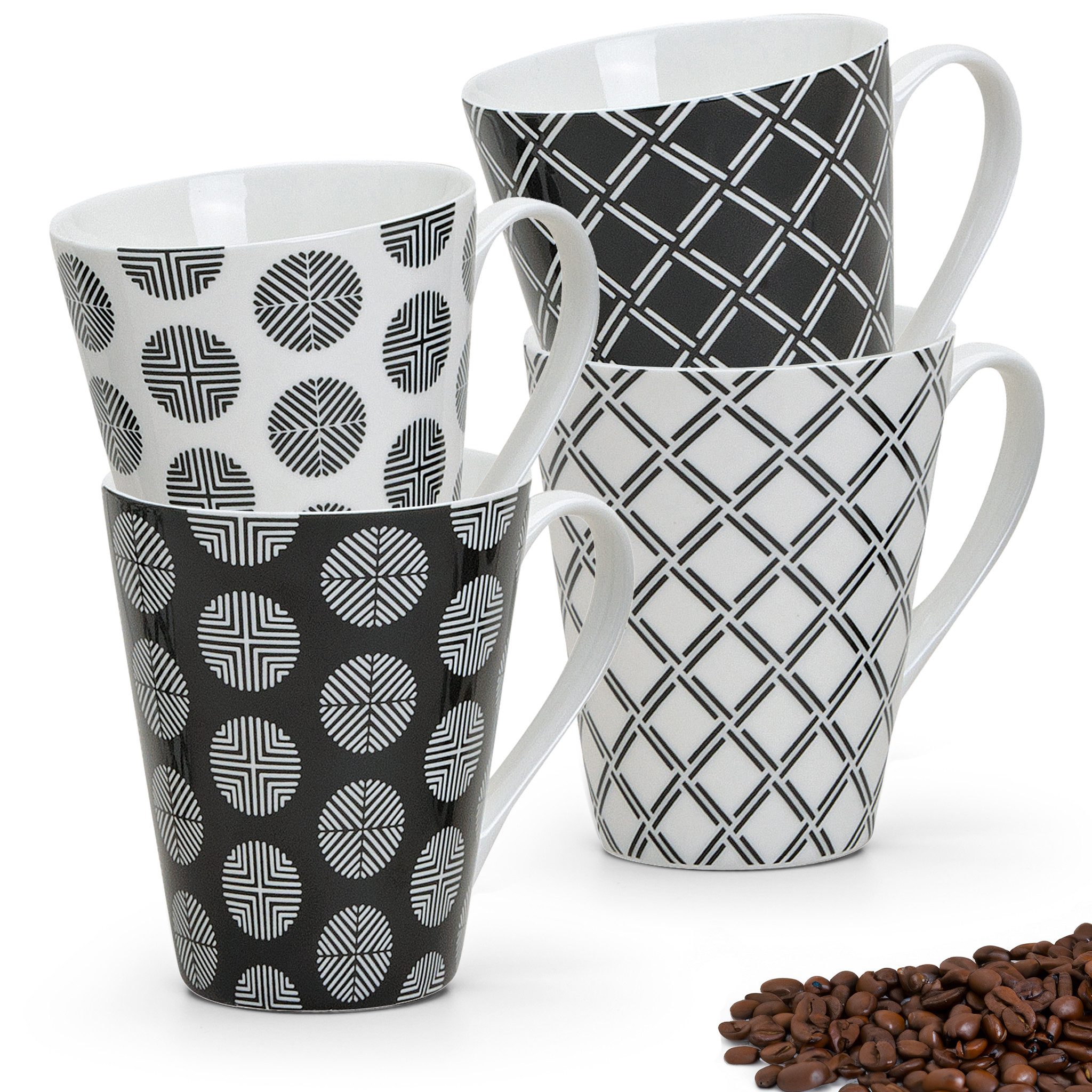 matches21 HOME & HOBBY Tasse Kaffeetassen 4er Set Retro Muster geflochten gestreift, 4-tlg., Keramik, Tee Kaffee-Becher, modern, schwarz weiss, 250 ml