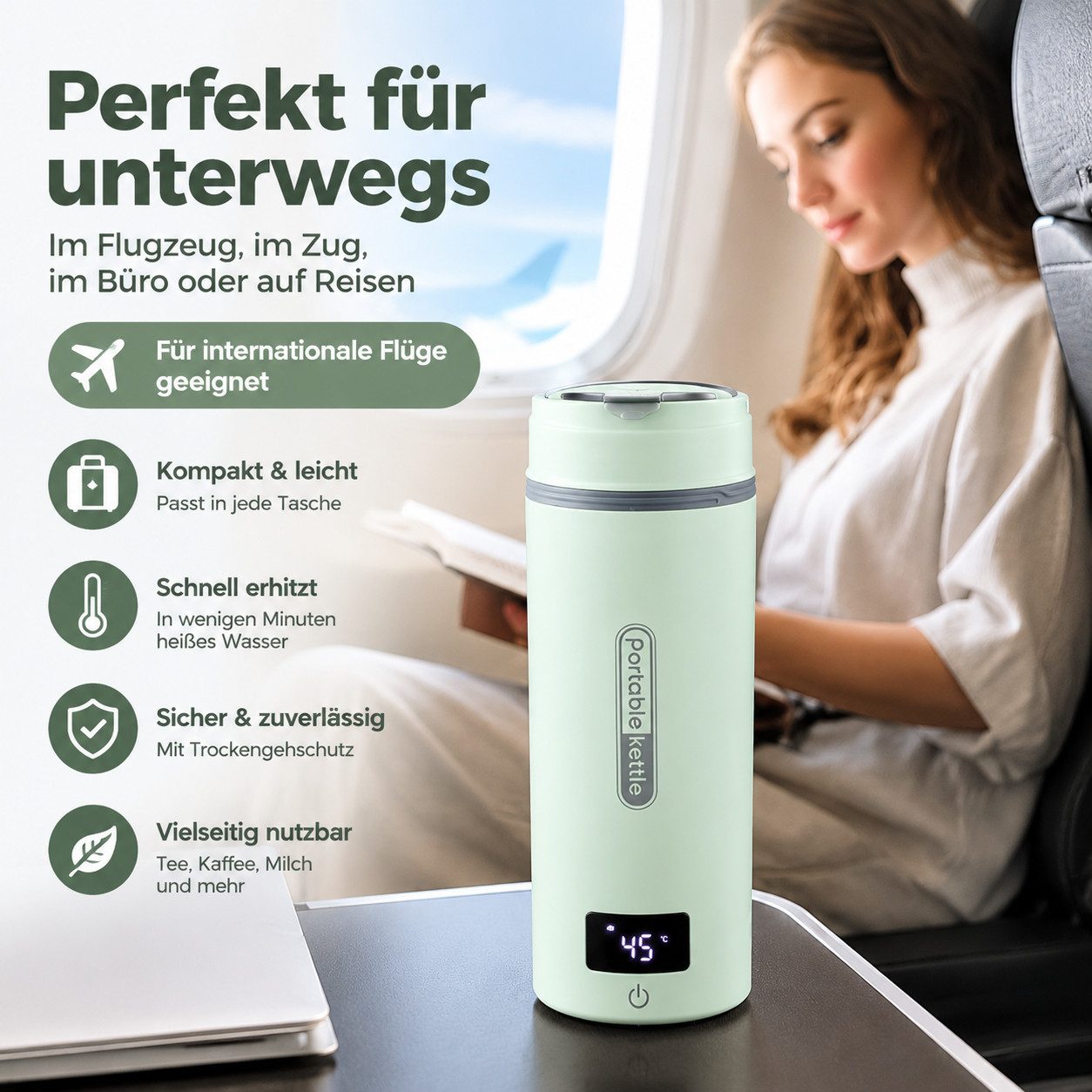 Fyrove Wasserkocher Mini Reisewasserkocher 400ml mit Temperaturanzeige, 304 Edelstahl, 300 W – Bild 2 von 5