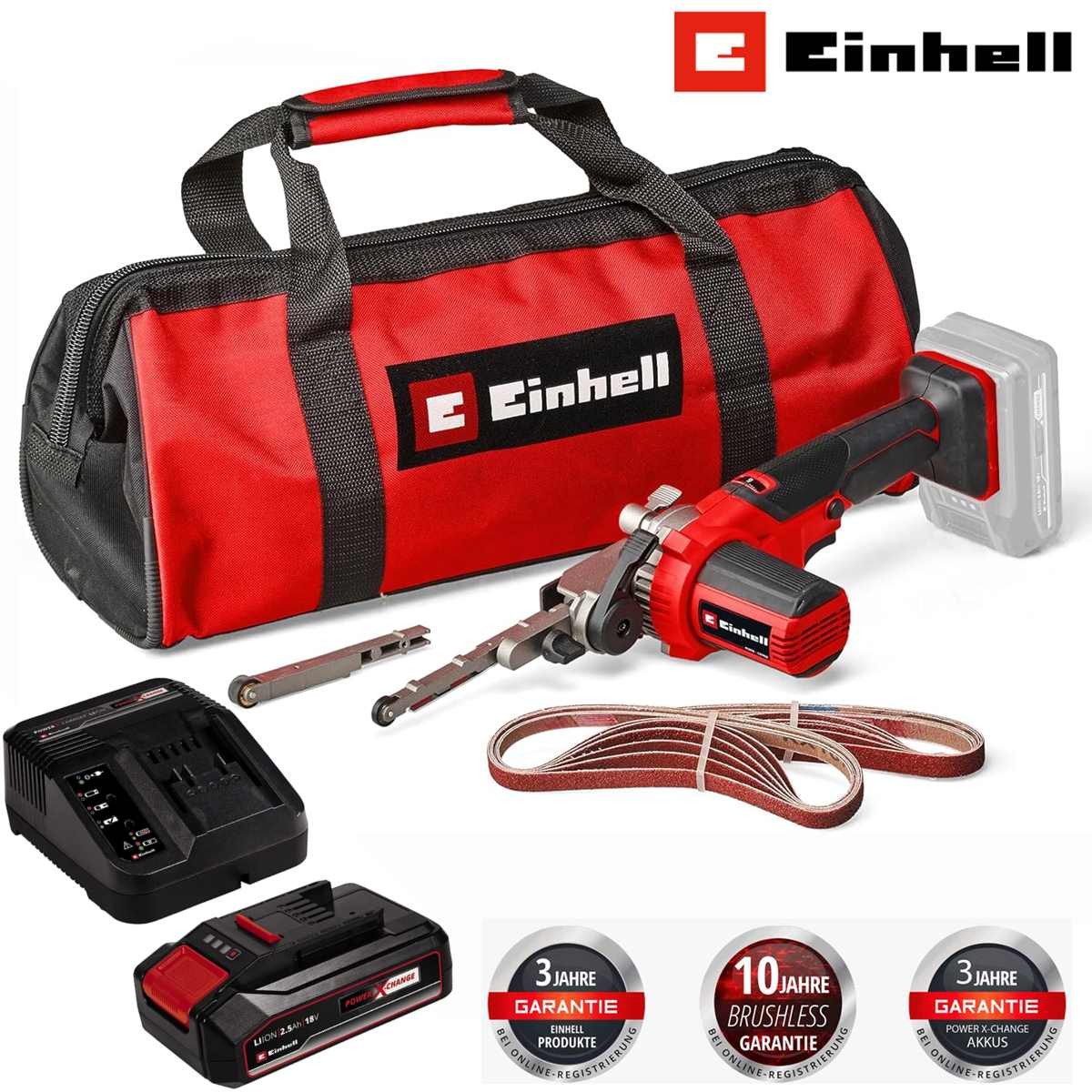 Einhell Akku-Bandschleifer Bandfeile TE-BF 18 Li 18VAkku 2.5 Ah 2 x Schleifarme 9 mm und 13 mm