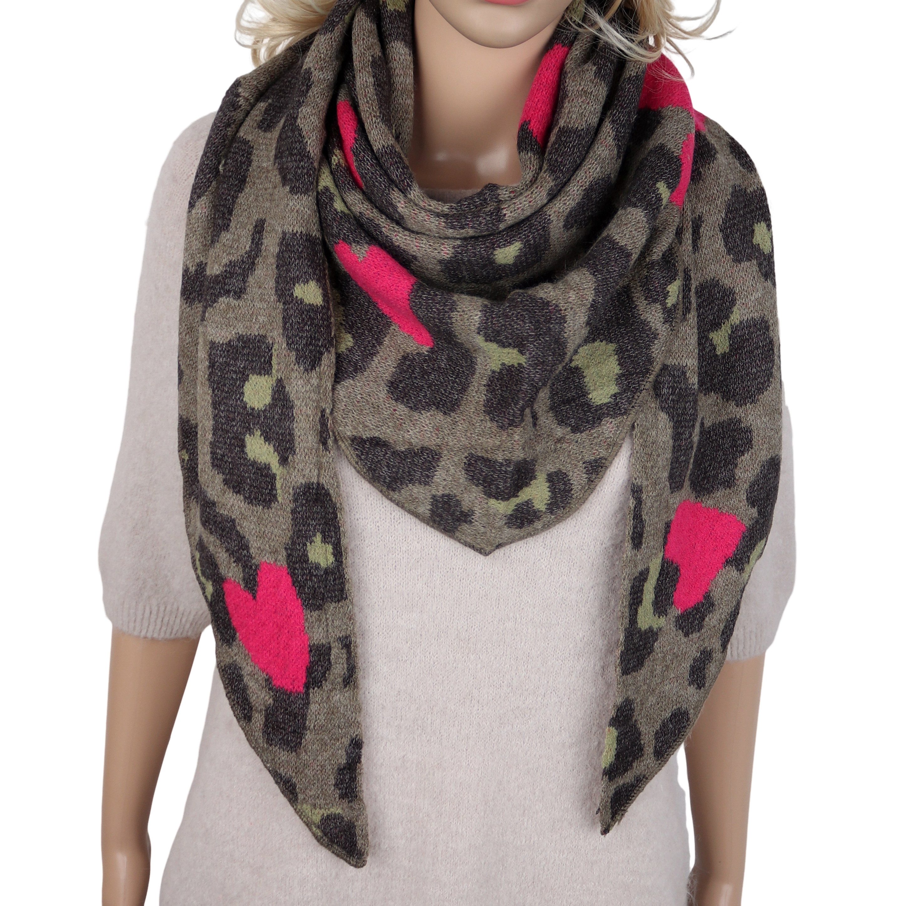 MIRROSI Dreieckstuch Damen Winterschal 180x65 cm – weicher Leo Schal mit Herz-Muster, XXL Strickschal aus Viskose-Mix