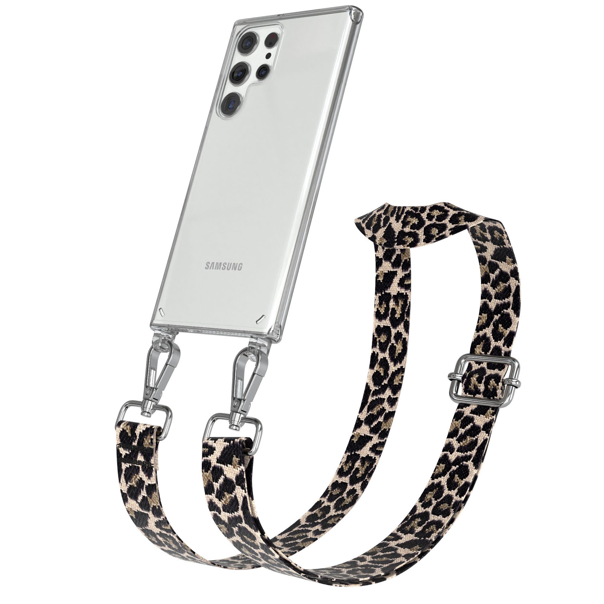 EAZY CASE Handykette Boho Umhängeband für Samsung Galaxy S22 Ultra 5G 6,8 Zoll, Kettenhülle abnehmbare Kordel Slim Clear-Cover Leo-Style Schwarz Beige