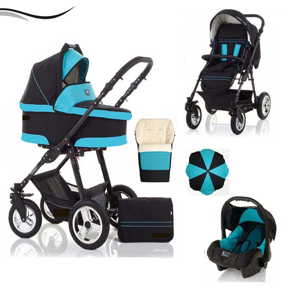 babies-on-wheels Kombi-Kinderwagen City Star 5 in 1 inkl. Autositz, Sonnenschirm und Fußsack - 18 Teile - von Geburt bis 4 Jahre in 16 Farben Schwarz-Türkis