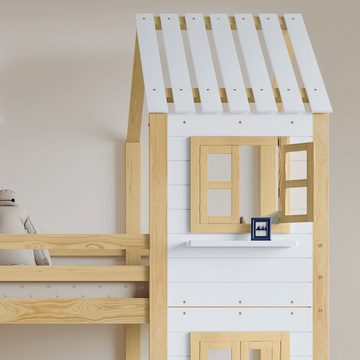 Sweiko Etagenbett, Hausbett mit Rolltreppe, Fenster und Rausfallschutz, 90*200cm