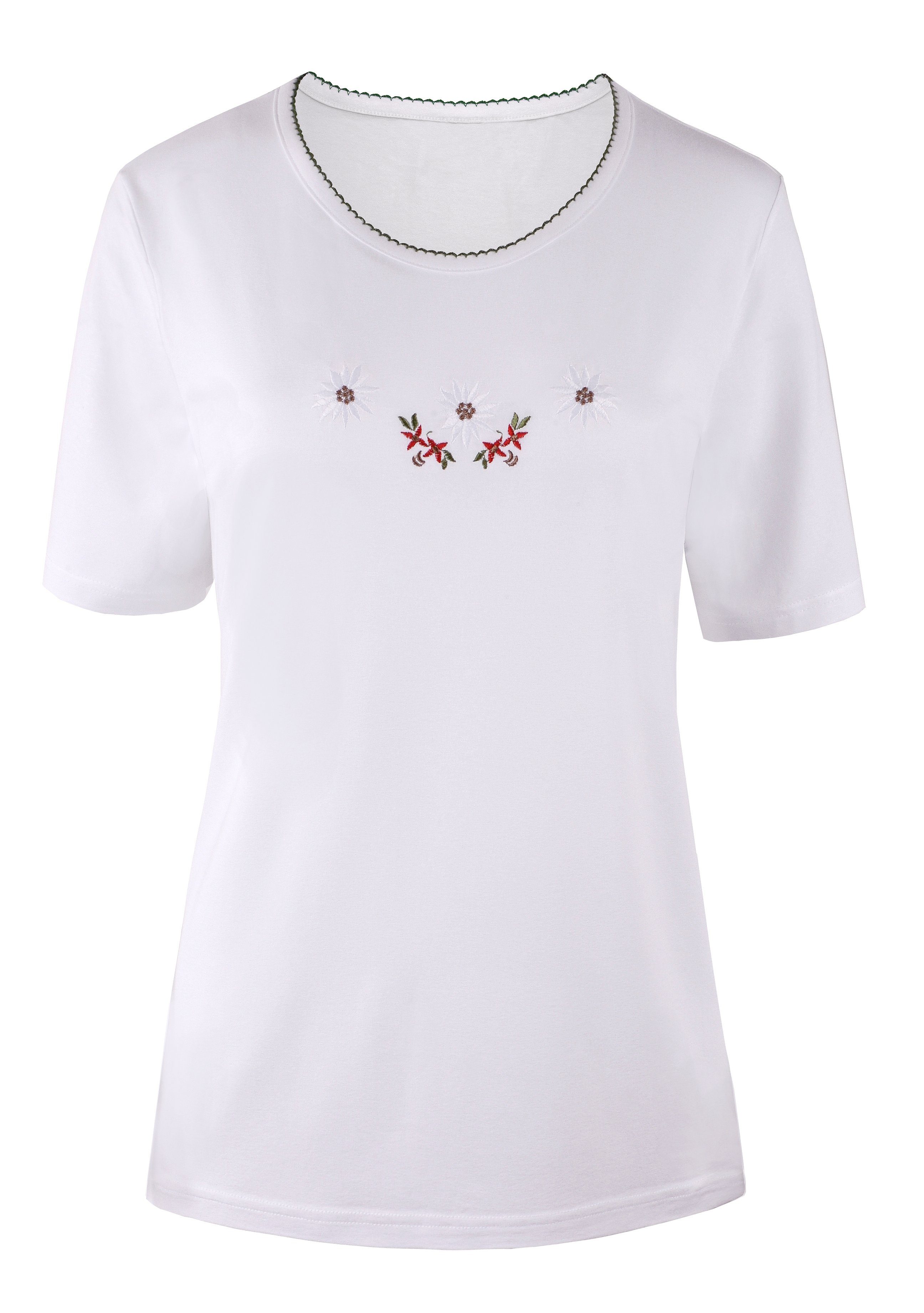 Moschen-Bayern Trachtenshirt Moschen-Bayern Damen Trachtenshirt Stickerei Edelweiß Weiß Shirt