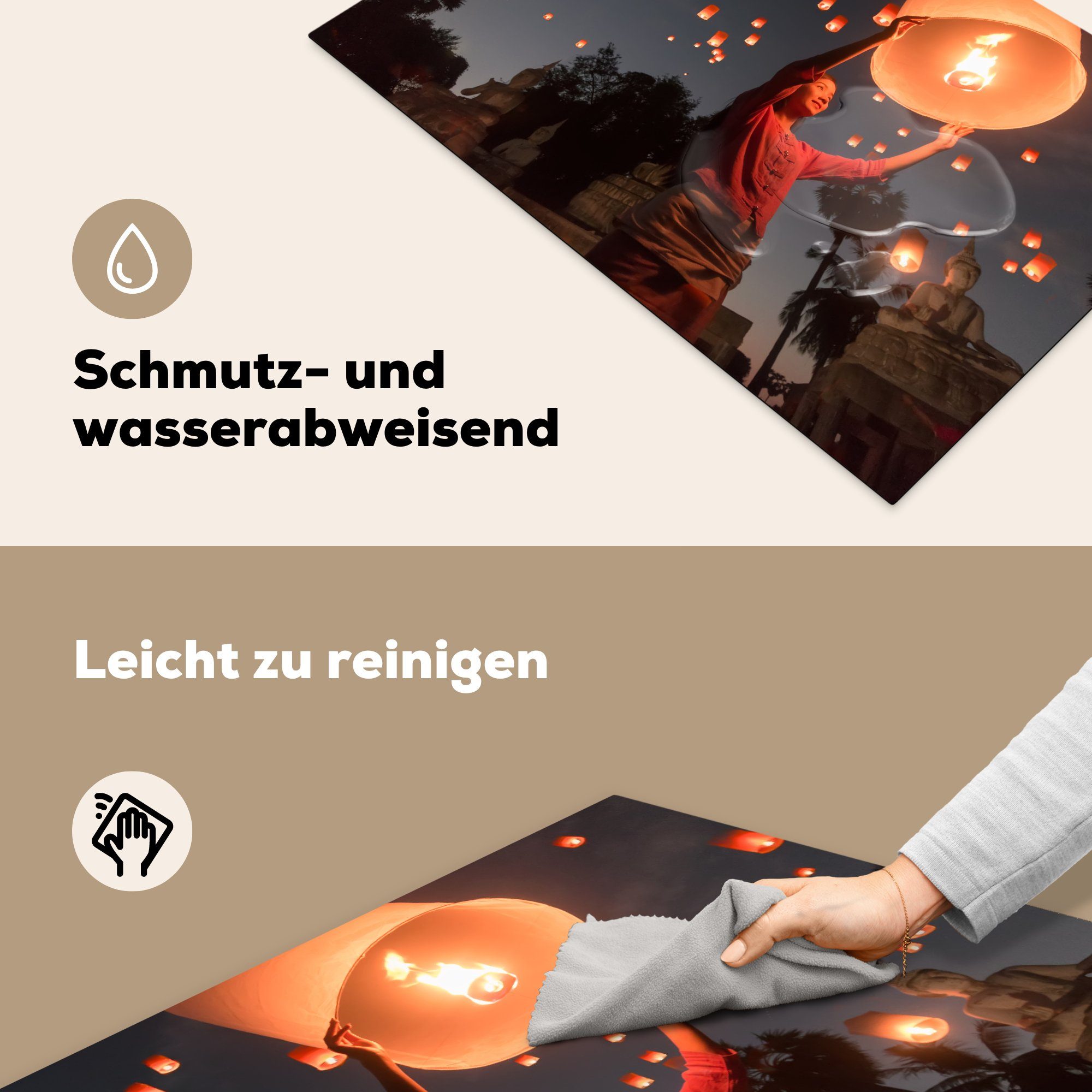 für tlg), los, cm, Ceranfeldabdeckung die Laterne MuchoWow Yi-Peng-Festival (1 küche, Herdblende-/Abdeckplatte Schutz beim 81x52 Vinyl, eine Frau lässt Induktionskochfeld