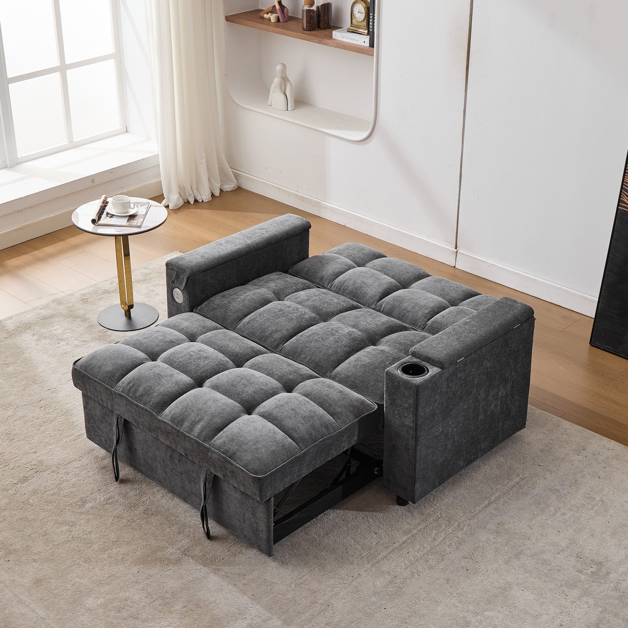 Merax Schlafsofa 3-in-1 Loungesofa faltbar Sofa mit USB & verstecktem Tisch, 1 Teile, 2-Sitzer Sofa mit verstellbarer Rückenlehne, Getränkehalter & Rollen – Bild 3 von 5