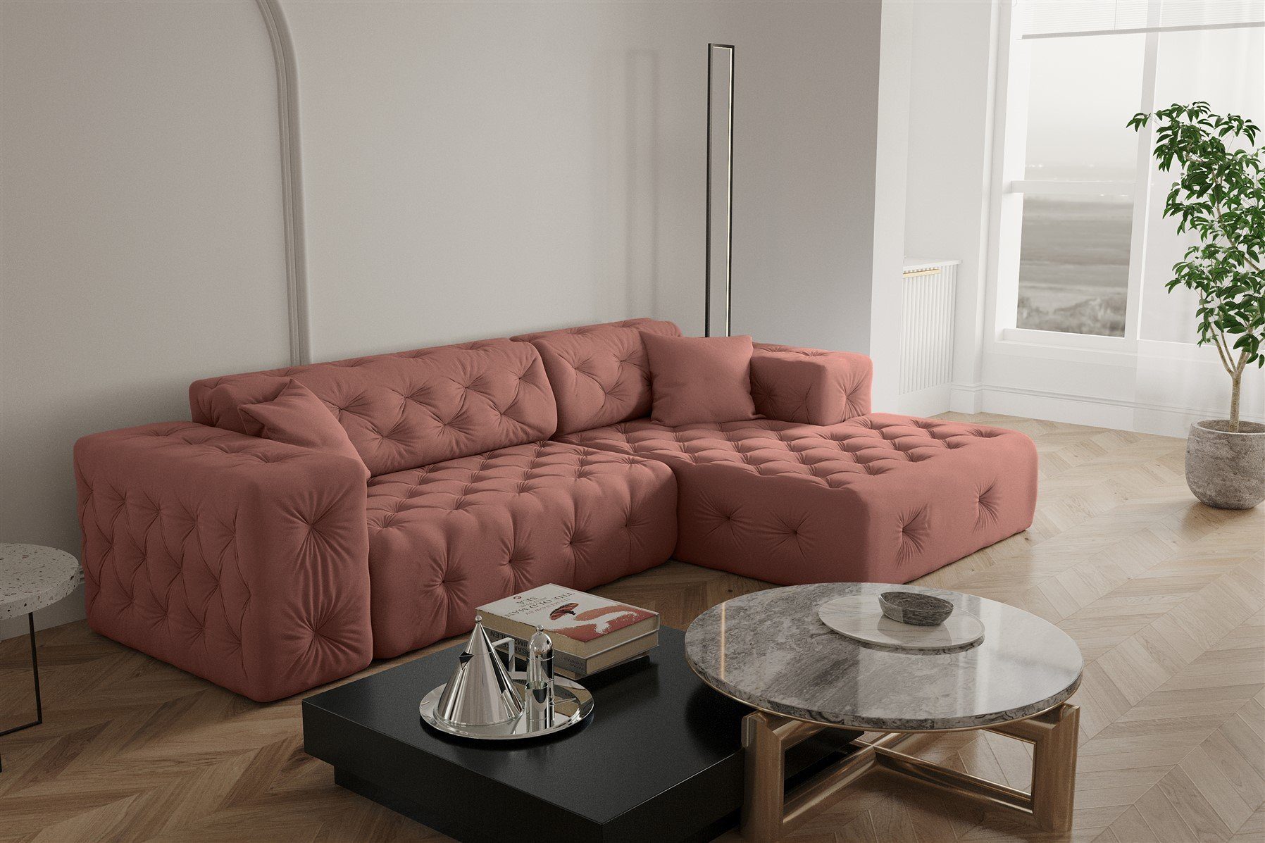 Fun Möbel Ecksofa Ecksofa Designersofa CHANTAL in Stoff Opera Velvet, mane Links oder Rechts, incl. 2 Zierkissen Koralle