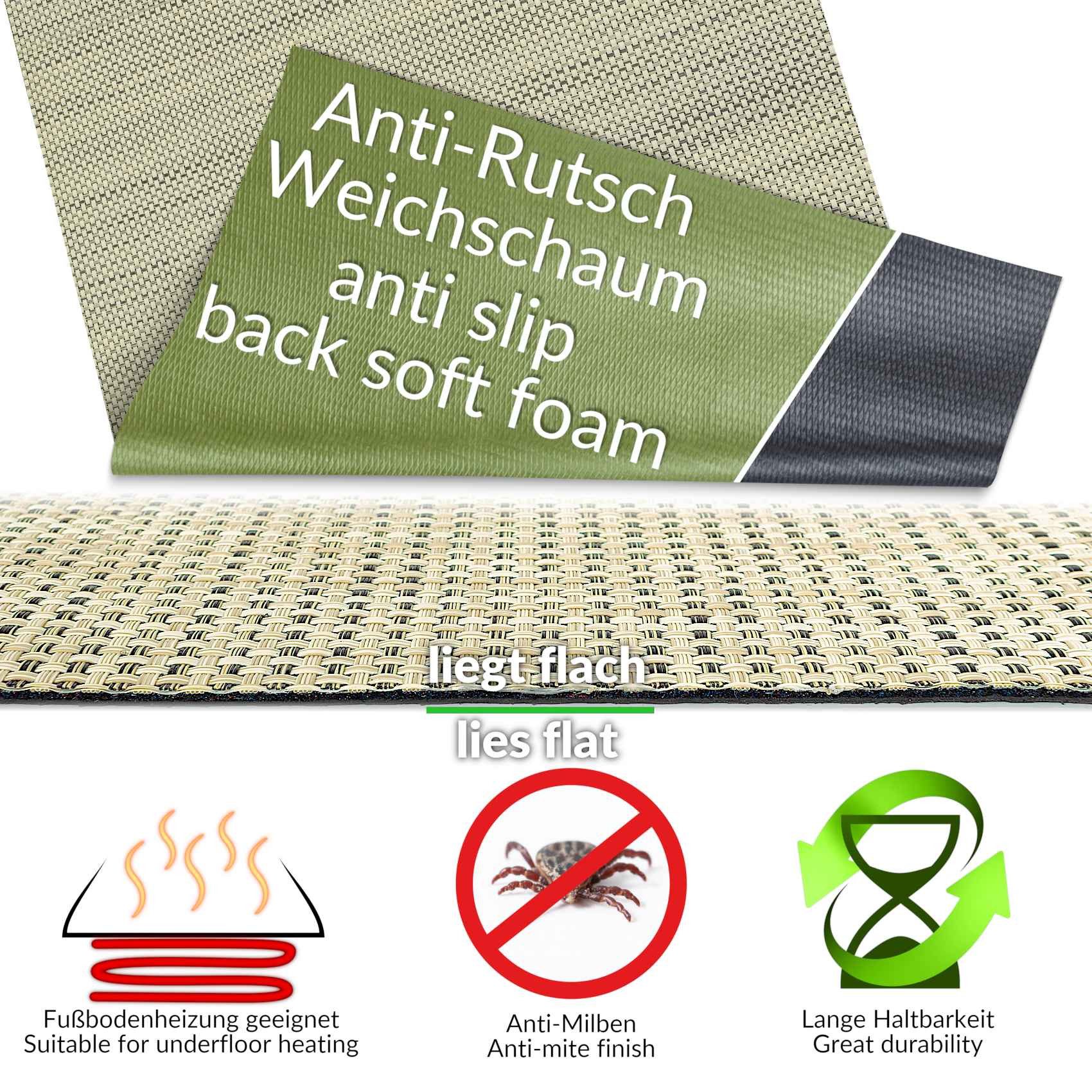 ANRO Küchenläufer Hochwertig Outdoorläufer Teppich TATAMI Läufermatte, Eckig, Höhe: 3 mm, Rattanoptik