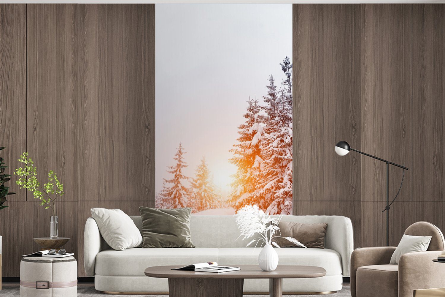 bedruckt, Sonne - Vliestapete Wohnzimmer Fototapete St), Bäume MuchoWow - für Matt, (2 Schlafzimmer Fototapete Küche, Schnee,