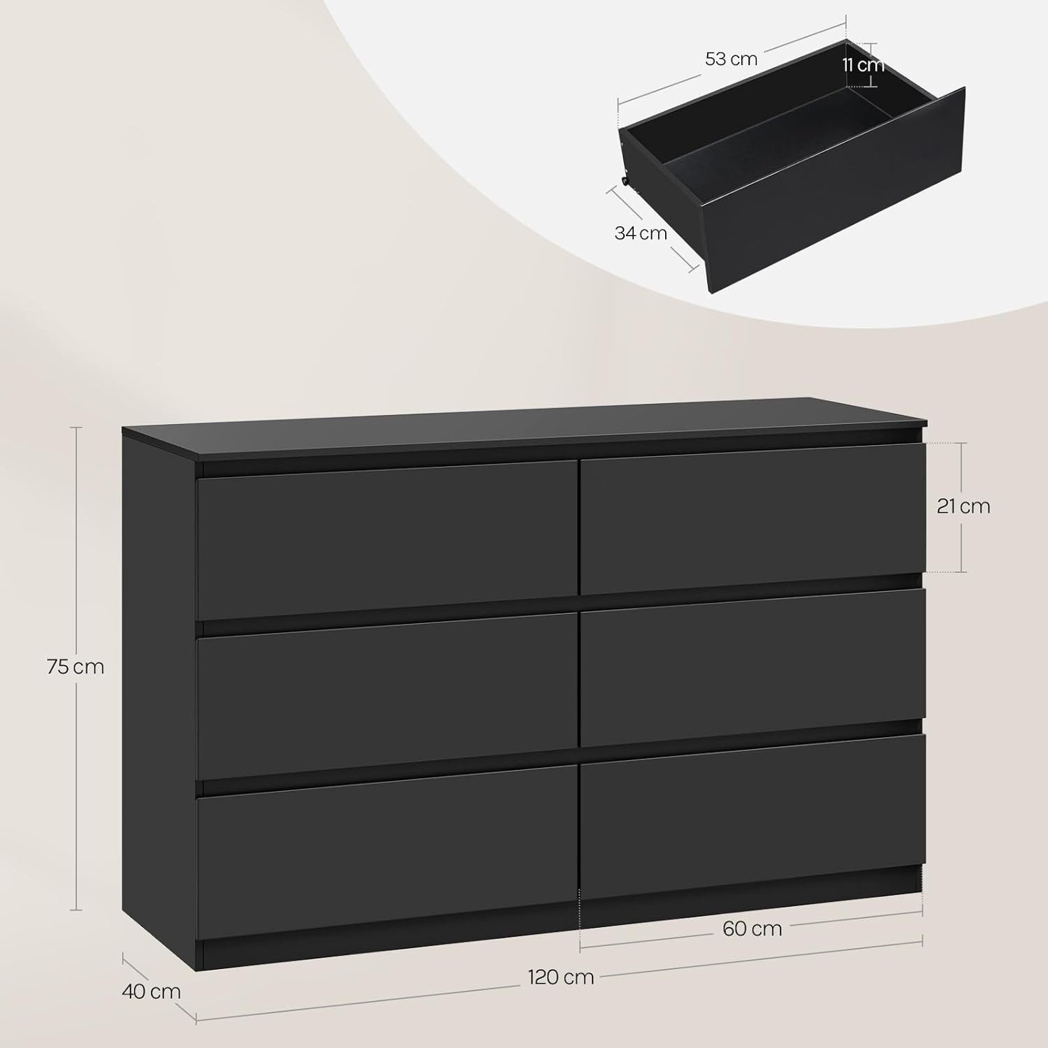 Woltu Kommode (1 St), mit 6 Schubladen, Schubladenschrank, 120 x 40 x 75 cm, Schwarz