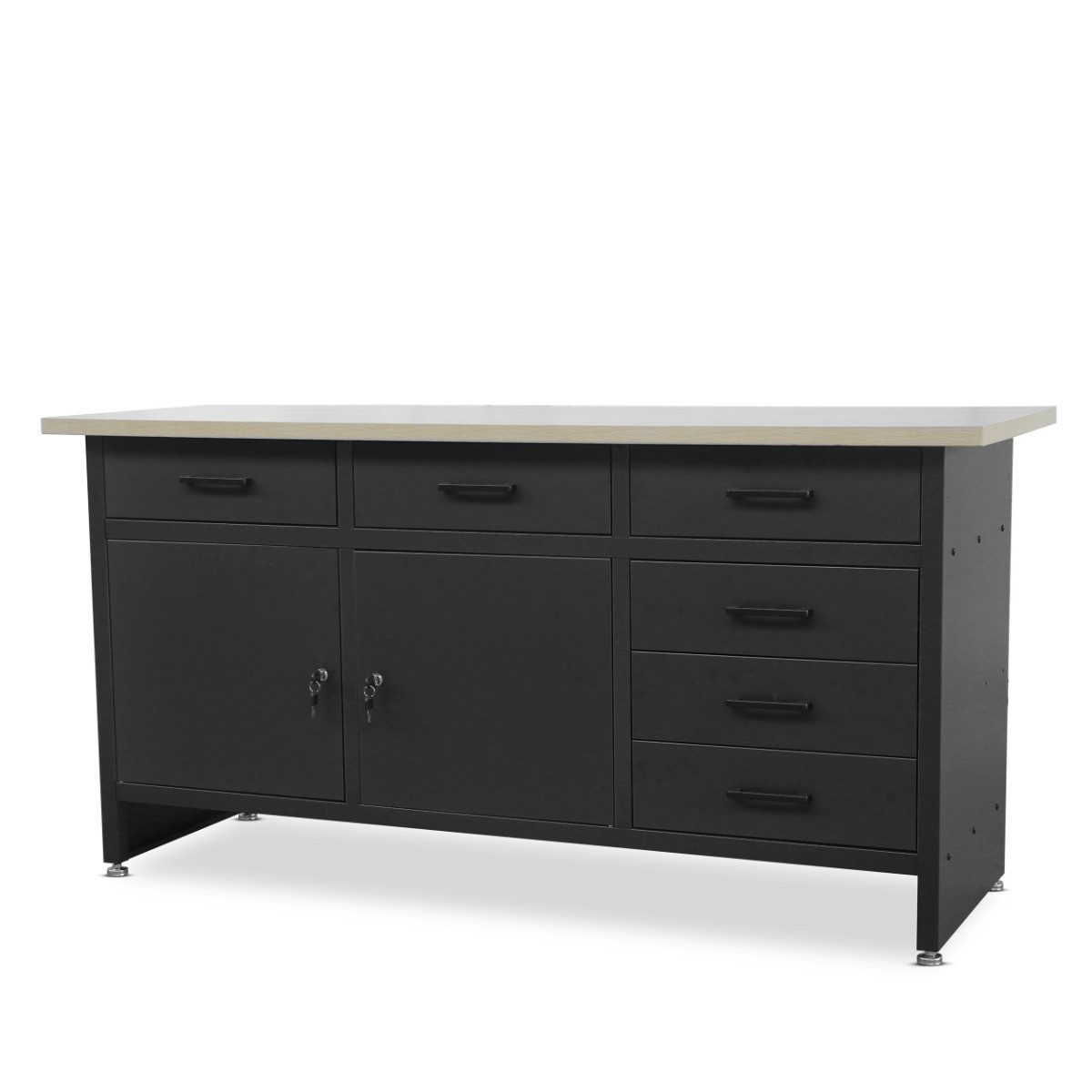 Jan Nowak Werkbank Werkstatttisch 170 cm HENRY 6 Schubladen 2 Schränke Stahl robust, (Stahl 0,8-1,0 mm 85 x 170 x 60 cm verstellbare Füße 91 kg), Werktisch abschließbar 570 kg laminierte Platte 5 Farben PZH