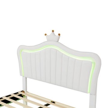 OKWISH Bett Kinderbett Polsterbet Gästebett (Kronen-Doppelbettgestell aus Leder mit LED-Leuchten, Lattenrost und Rückenlehne, Matratze nicht enthaltet 140 x 200 cm)