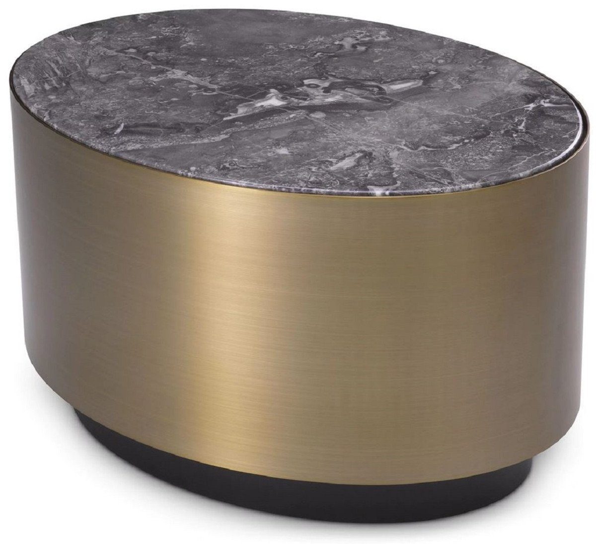 Casa Padrino Beistelltisch Luxus Beistelltisch Grau / Messingfarben / Schwarz 65 x 48 x H. 38,5 cm - Ovaler Edelstahl Tisch mit Marmorplatte - Luxus Möbel - Luxus Qualität