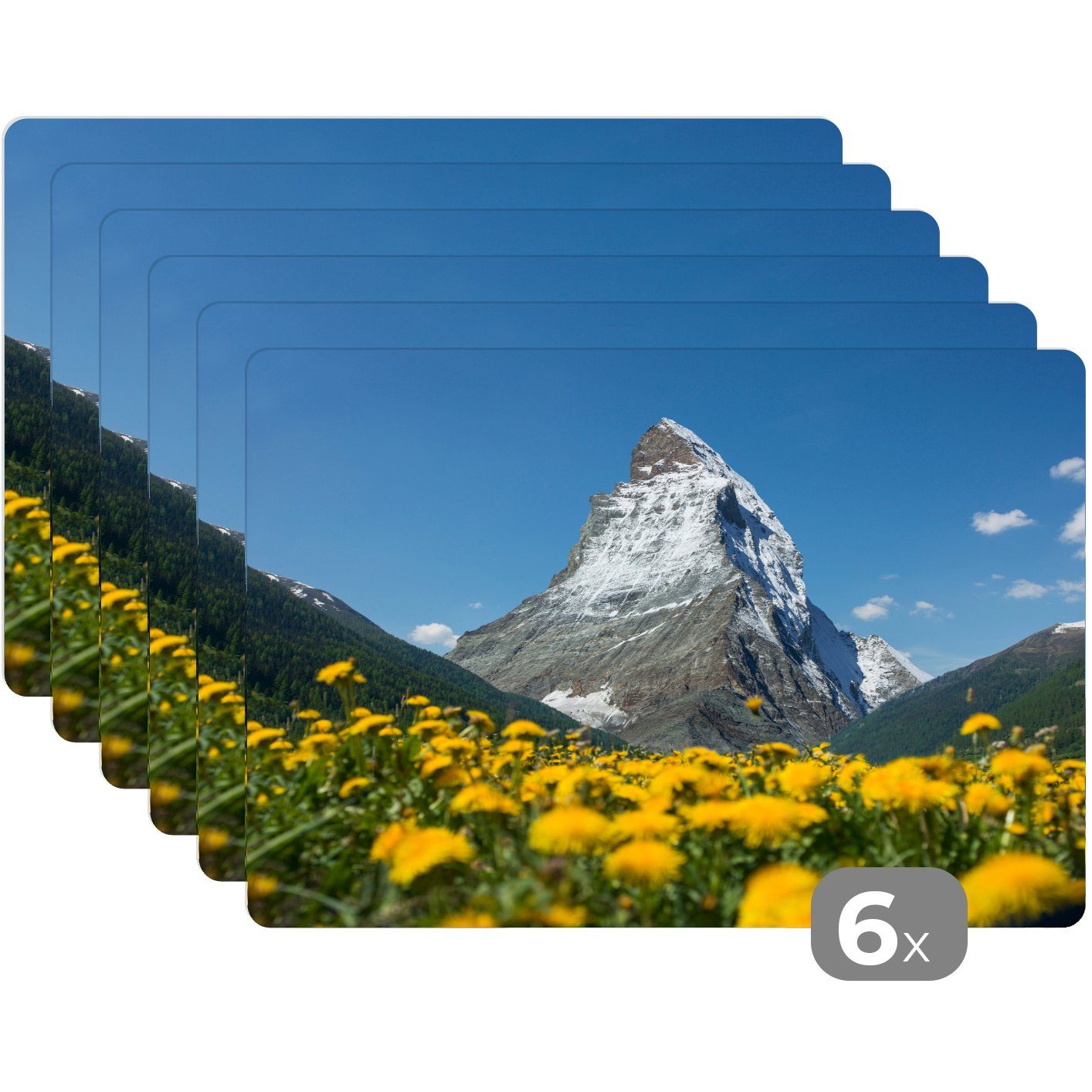 Platzset, Platzset, Schmutzabweisend Platzmatte, über Platzdecken, der Tischmatten, MuchoWow, in Matterhorn Löwenzahnwiese, einer (6-St), Schweiz Das