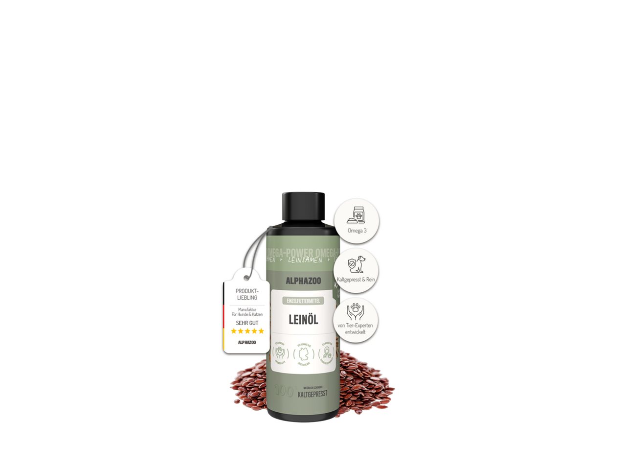 ALPHAZOO Leinöl für Katzen 100 ml, Premium Omega-3 Futteröl für Haut und Fell, Ergänzungsfutter für: Katzen