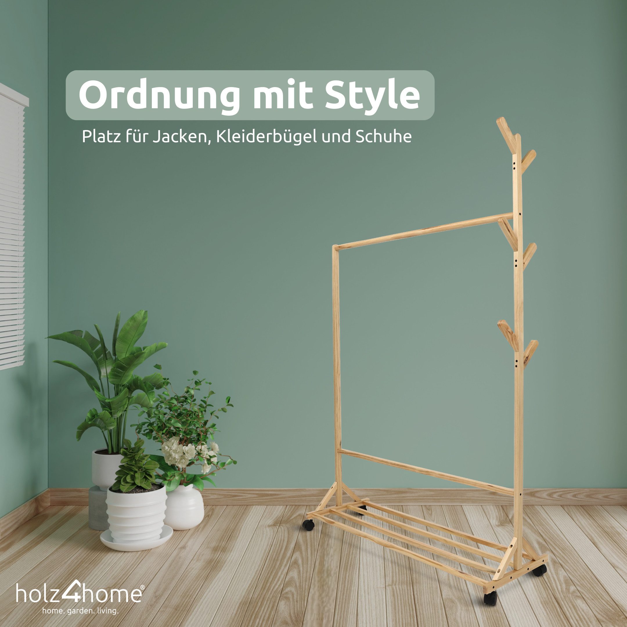 holz4home® Garderobenständer Kleiderständer aus Holz I Garderobe Massivholz, Rollbar