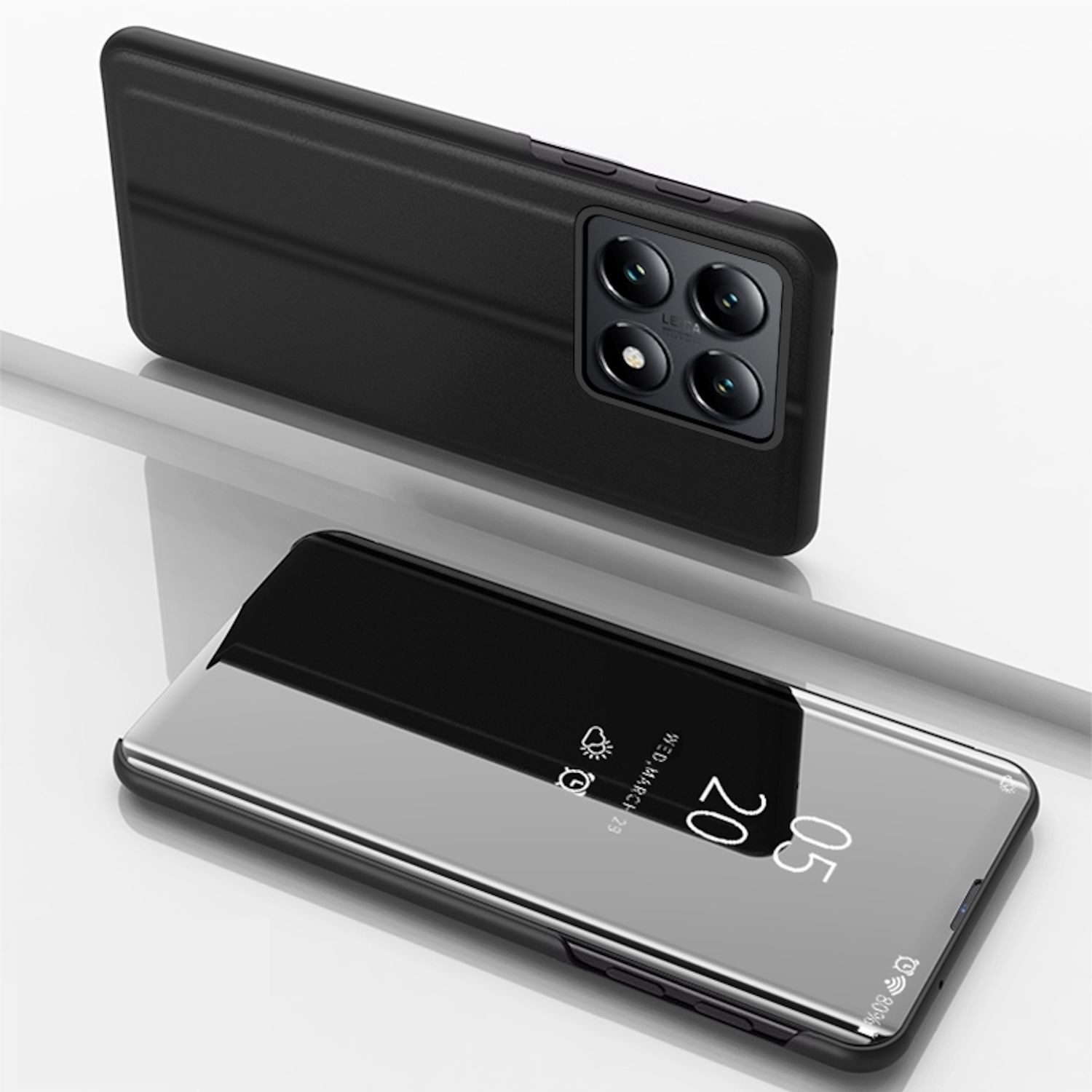 Wigento Handyhülle Für Xiaomi 14T Pro View Spiegel Smart Wake UP Funktion Hülle Schwarz, Elektroplattiertes Spiegel-Design, horizontaler Klappständer