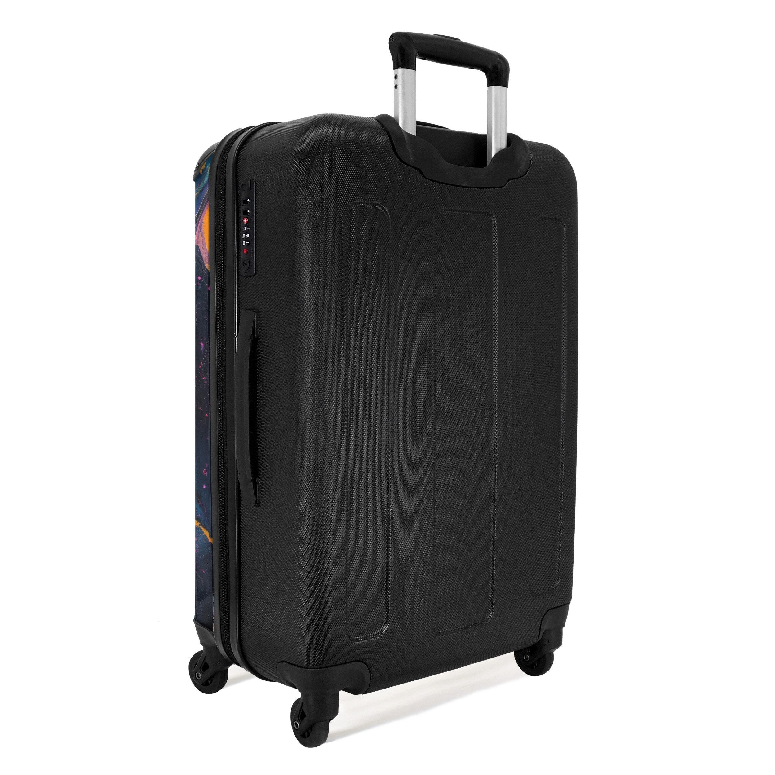 NoBoringSuitcases.com© Hartschalen-Trolley mit leuchtende Räder - Farbexplosion mit Rosa und Blau 67 cm - 72 L, 4 Rollen, Hartschalenkoffer Mittel Groß für 20kg, Frauen Reisekoffer Trolley