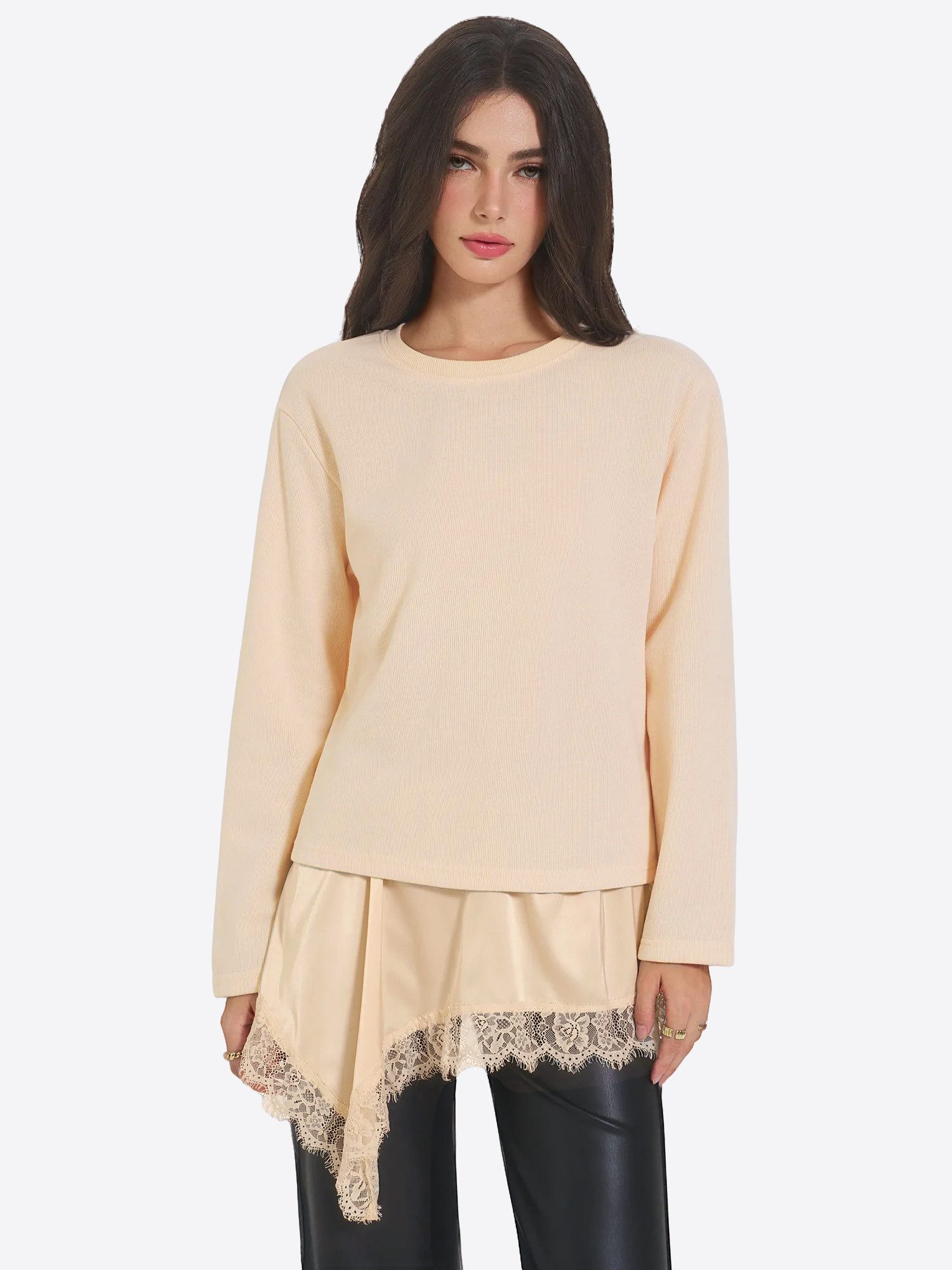 Imily Bela Langarmshirt Damen Lässige Top mit Spitzensaum (Packung, 1-tlg., 1per-Pack) in Unifarbe