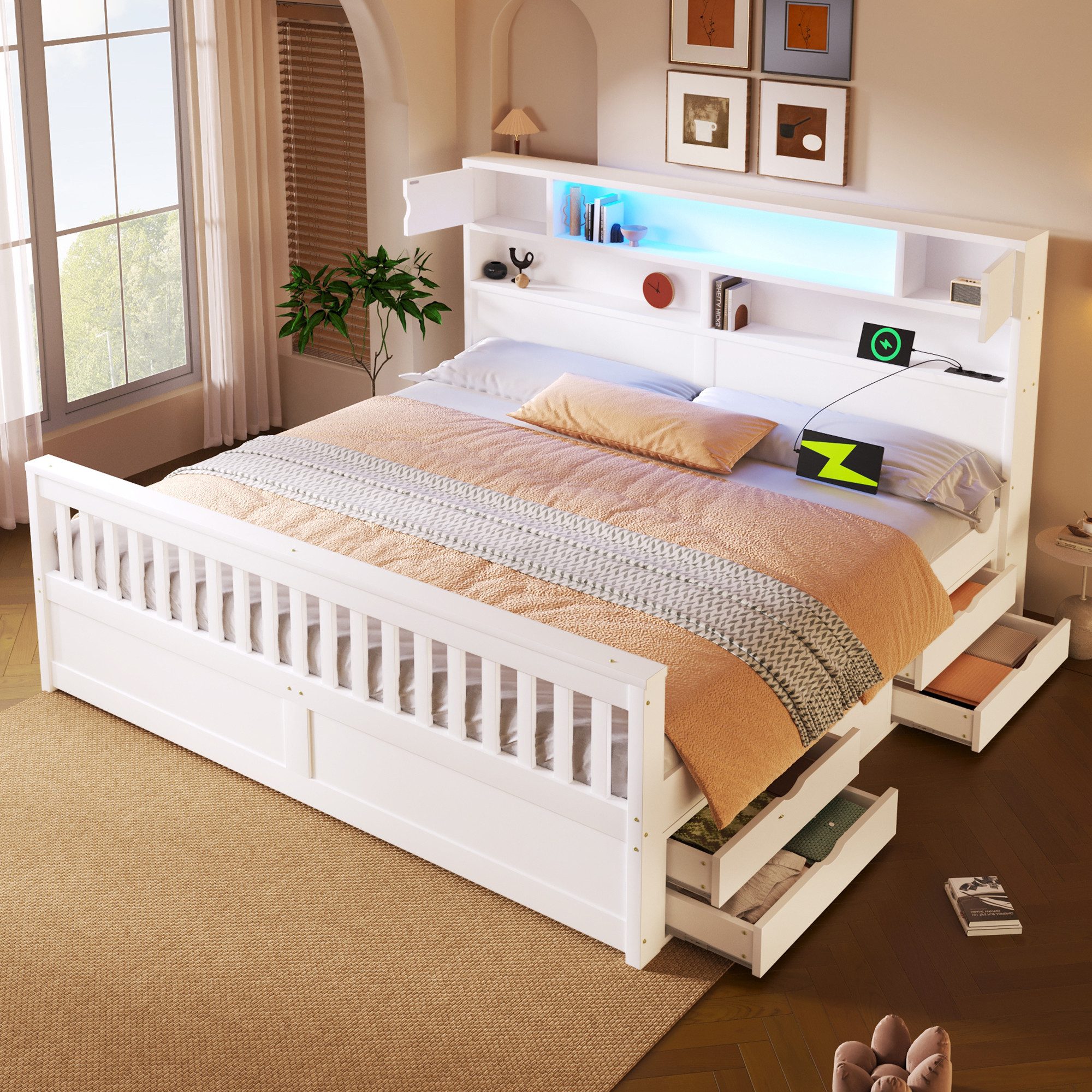 Flieks Holzbett, Doppelbett 180x200cm mit LED-Beleuchtung, Aufladen und 4 Schubladen