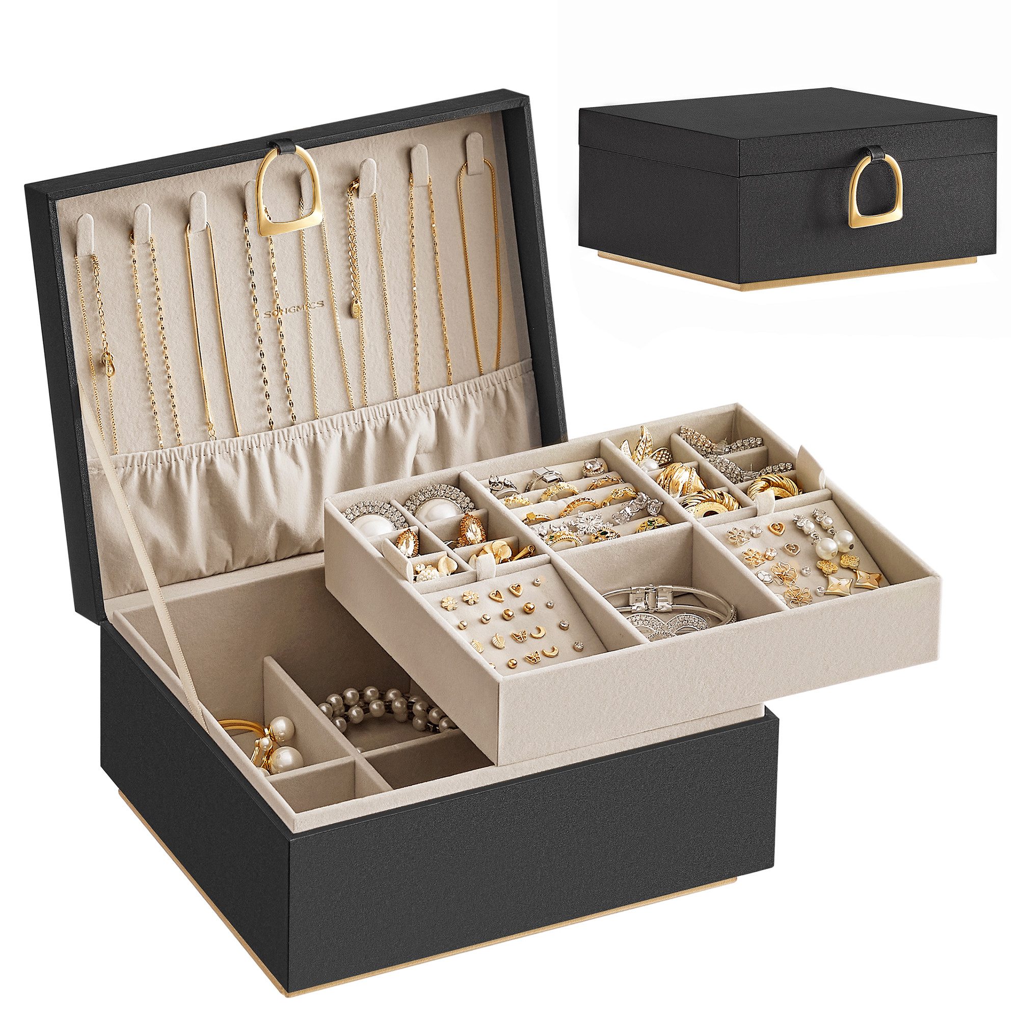SONGMICS Schmuckkasten Schmuckbox Schmuckaufbewahrung, 2 Ebenen, mit Griff, günstig online kaufen