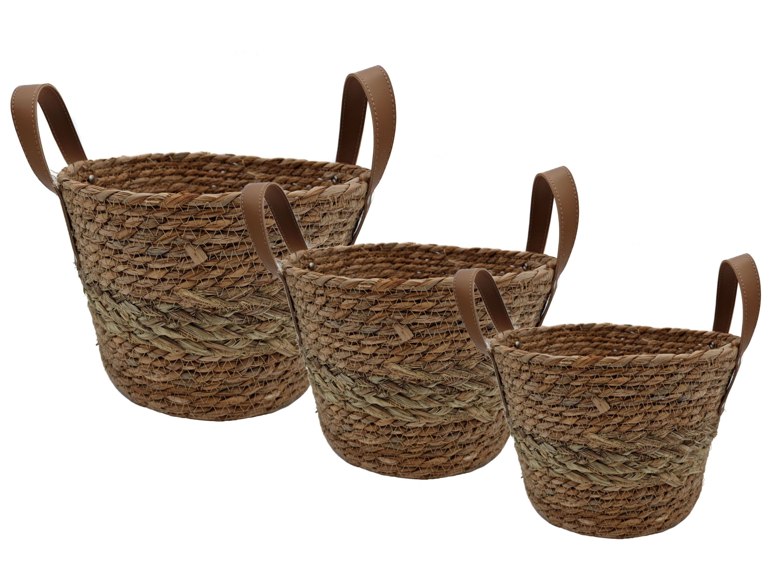 Spetebo Aufbewahrungskorb Aufbewahrungskorb aus Seegras 3er Set 25-17 cm (Set, 3 St., 3er Set), Mehrzweck Korb Set mit Griffen aus Kunstleder