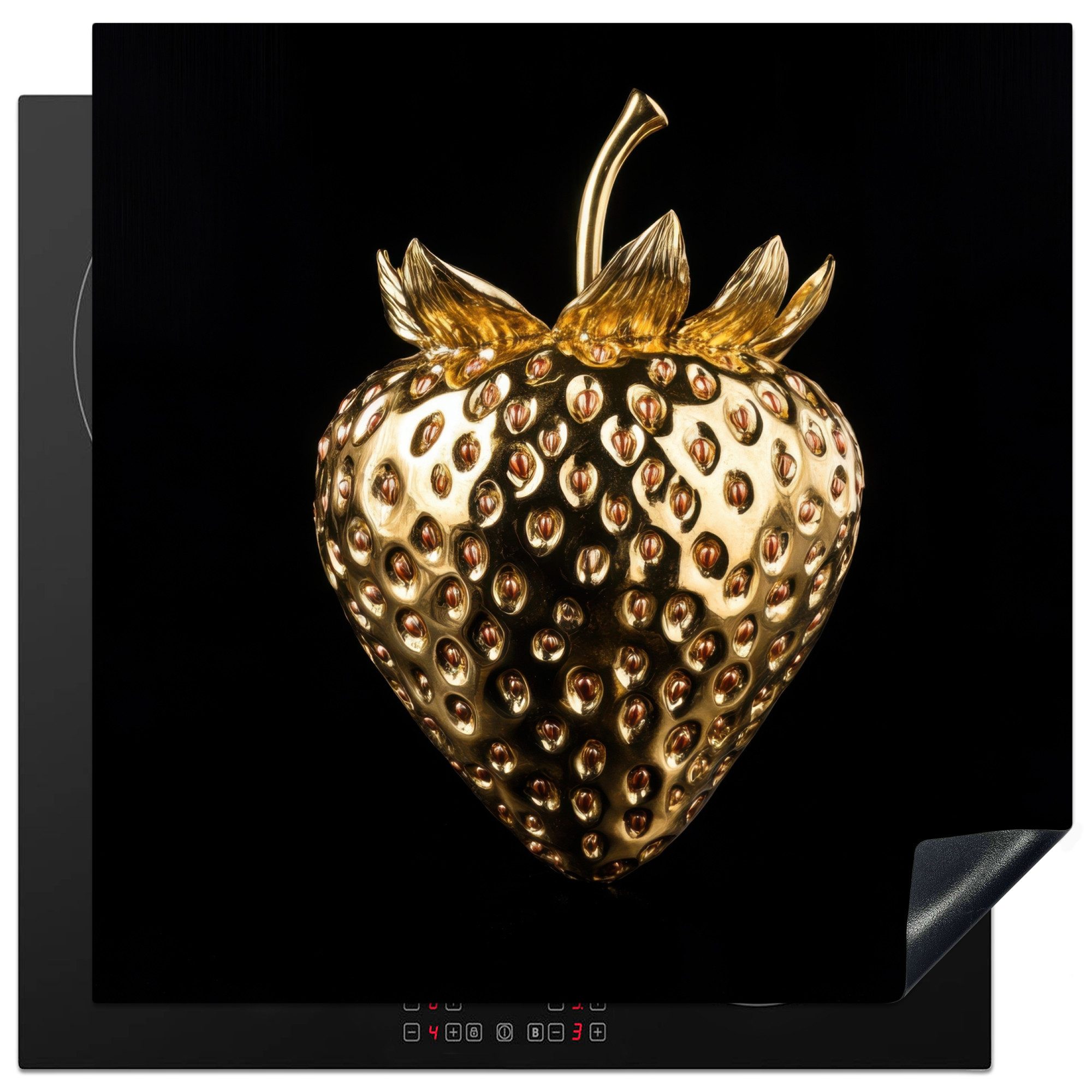 MuchoWow Herd-Abdeckplatte Erdbeere - Gold - Schwarz - Chrom, Vinyl, (1 tlg), Küche Herdabdeckung Ceranfeld Induktionsfeld Vinyl, 60x60 cm