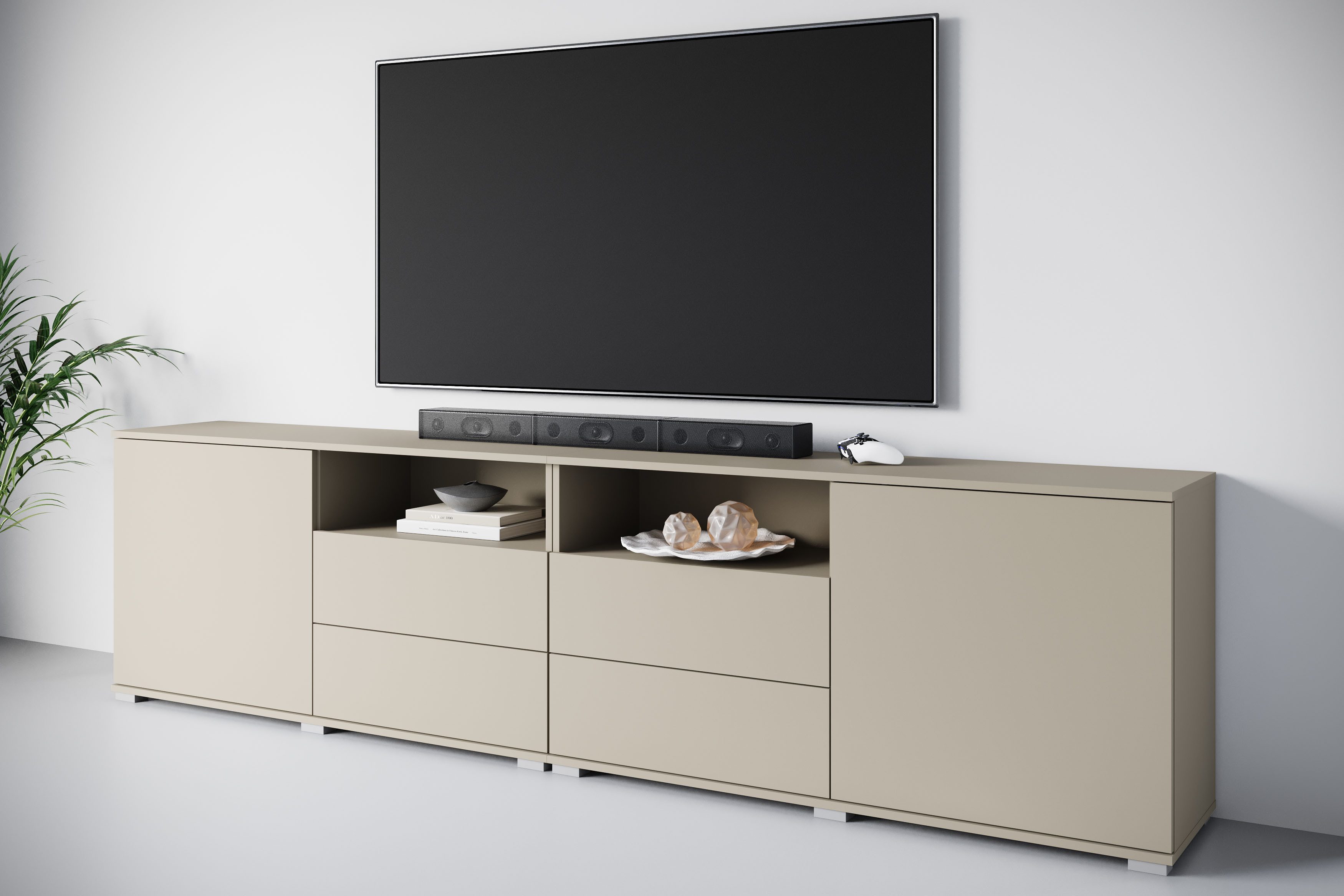 OTTO home Lowboard Kenia, TV-Schrank, 240 cm breit, mit 2 Türen und 4 Schubladen (1 St), Höhenverstellbare Einlegeböden und offene Ablagefächer