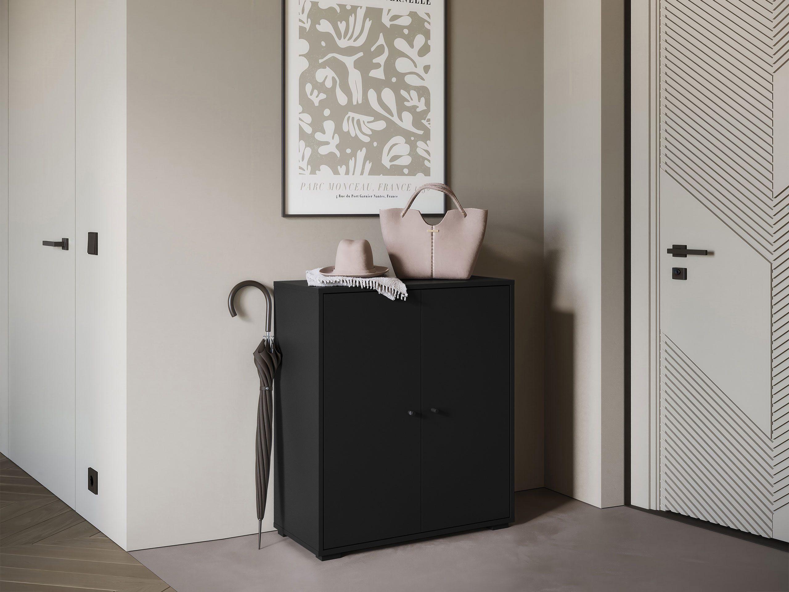 MIRJAN24 Schuhschrank Dino 014 (mit zwei Drehtüren) 70x33x80 cm, Griffe in der Farbe Schwarz