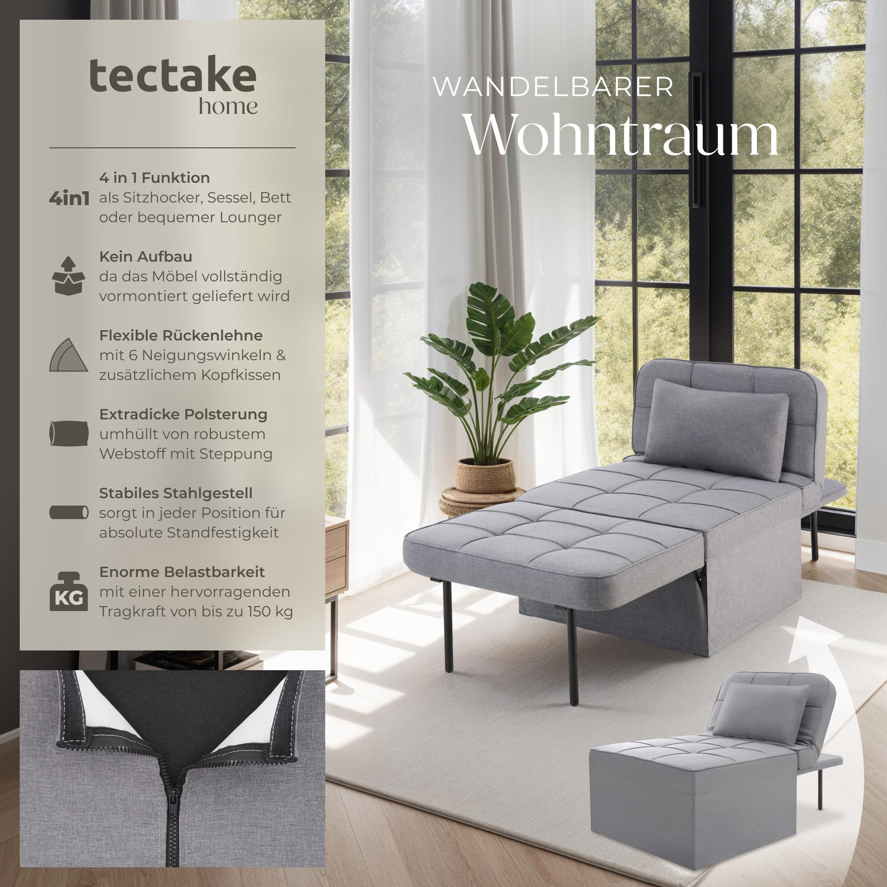 tectake Relaxsessel Schlafhocker, 4 in 1 als Hocker, Sessel, Lounger oder B günstig online kaufen