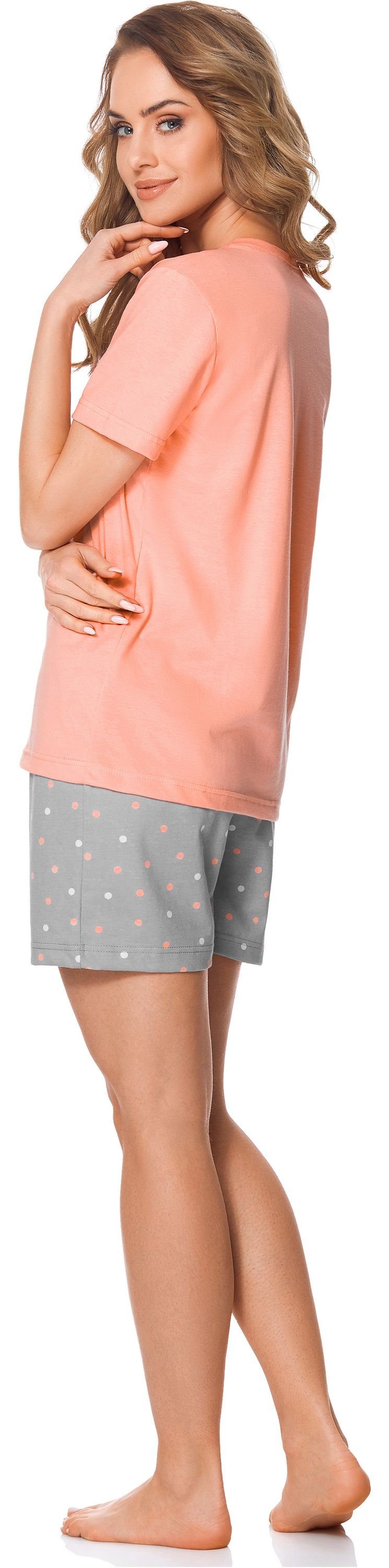Pyjama Kurz Merry Pyjama Schlafanzug MS10-177 Zweiteiler Lachs/Grau Set Style Damen Schlafanzug Baumwolle